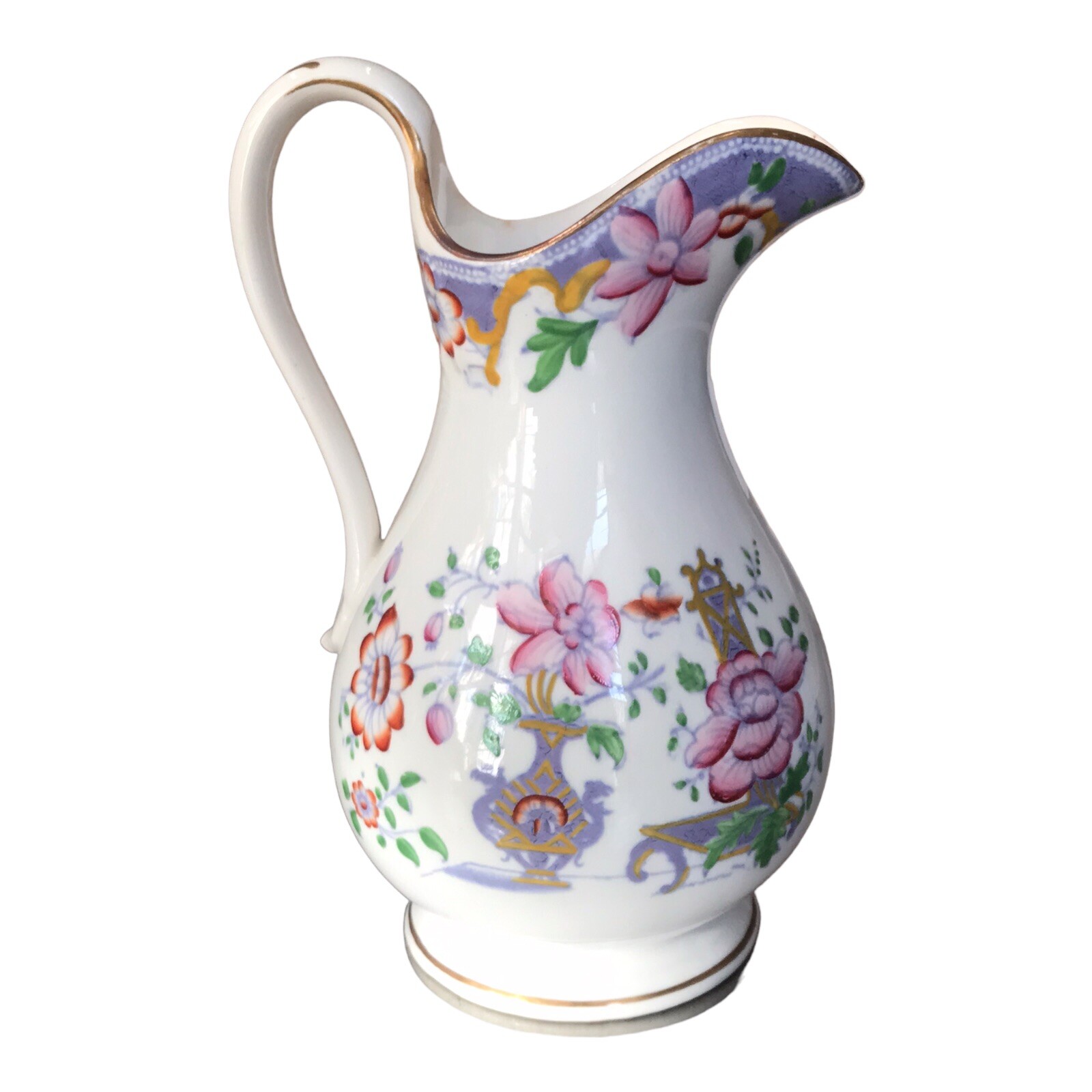 Antique Staffordshire Canton Pattern Pitcher Jug Lavender Border 19th Century