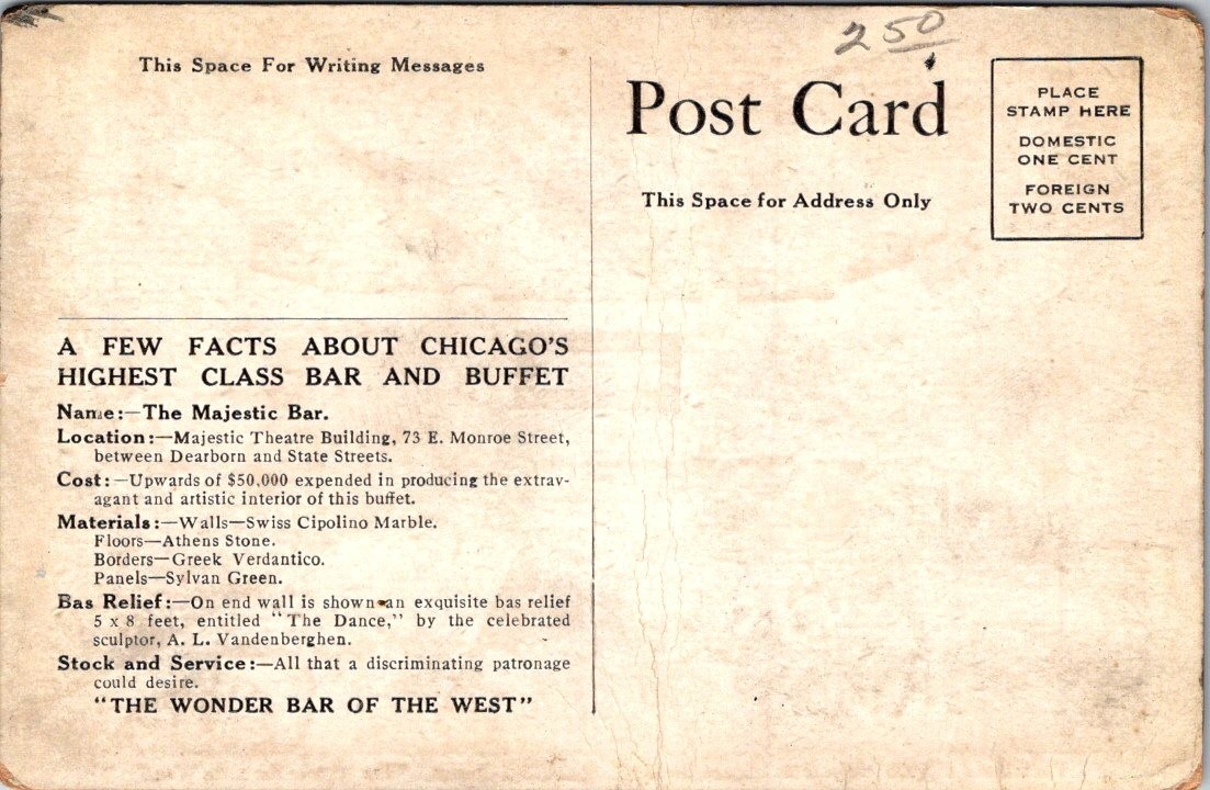 Chicago IL The Wonder Bar Of The West 1900s Interior Divided Back Postcard