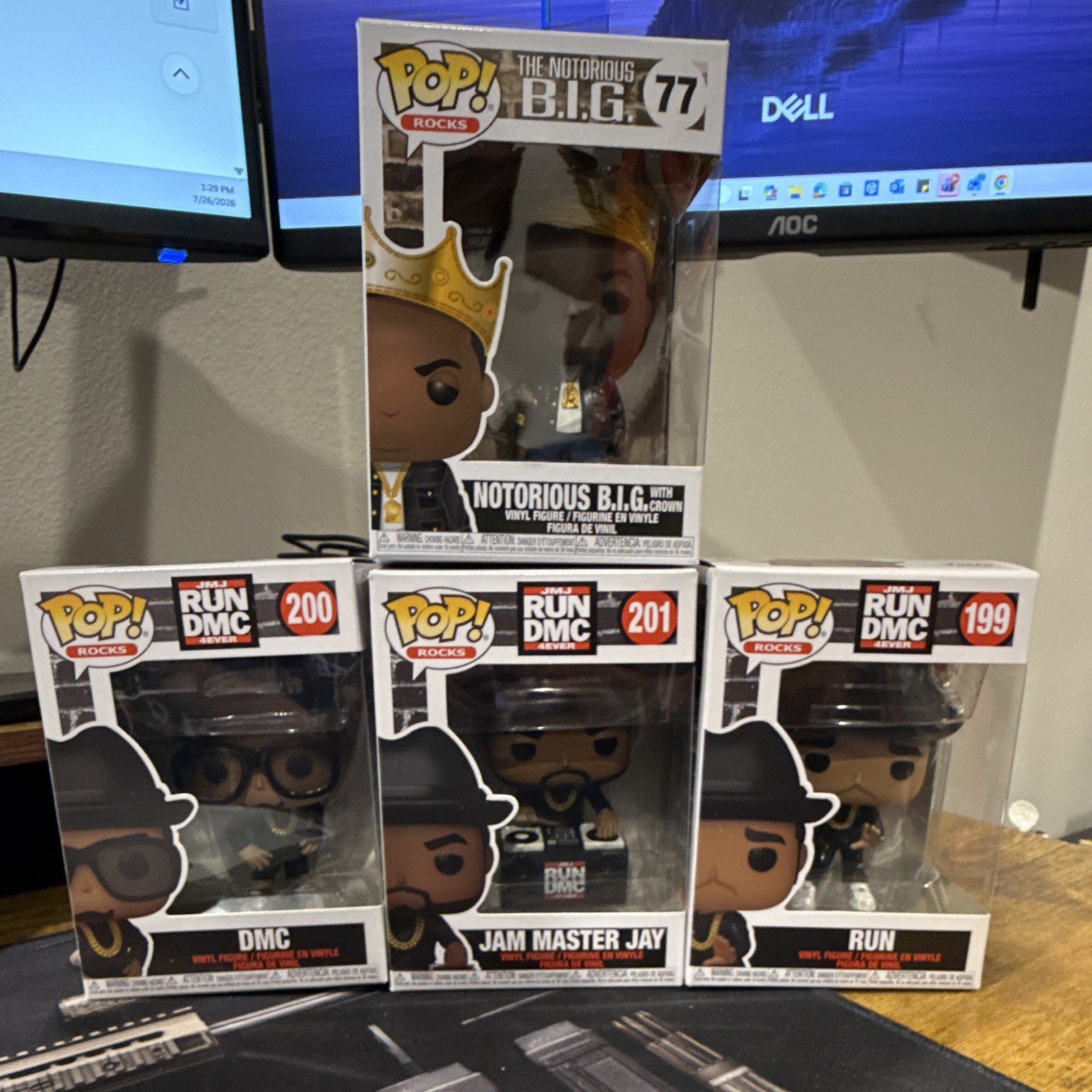 Funko Pops Run, Jam Master Jay, DMC And Notorious B.I.G With Gold Crown