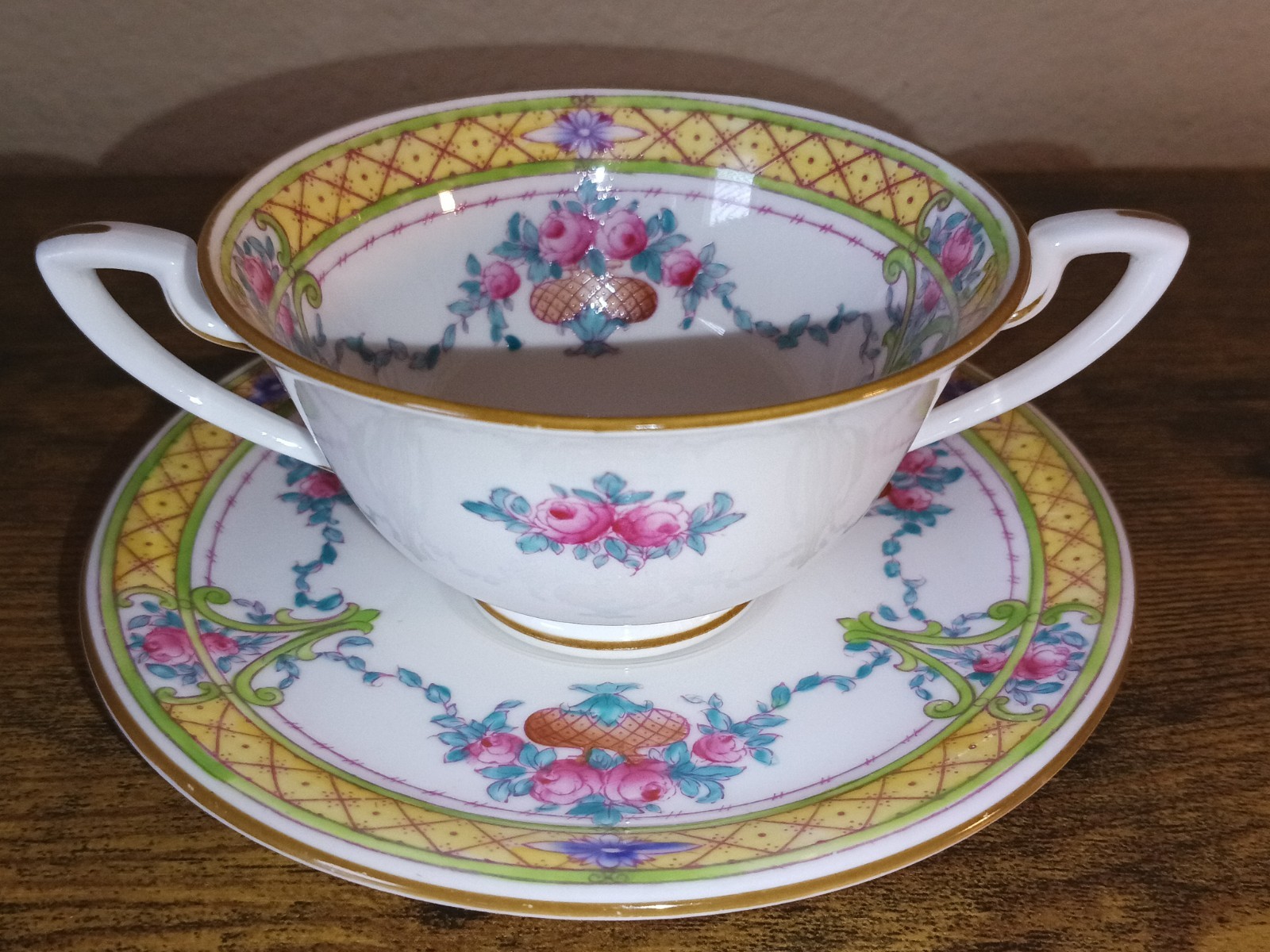 Antique Royal Worcester MARLOWE Yellow 2 Handle Cream Soup Cup Bowl Saucer Plate
