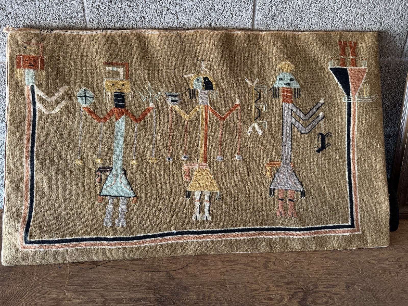 Navajo YEI Rug – Art with Backing ! RARE !!! Vintage fantastic find COLLECTIBLE