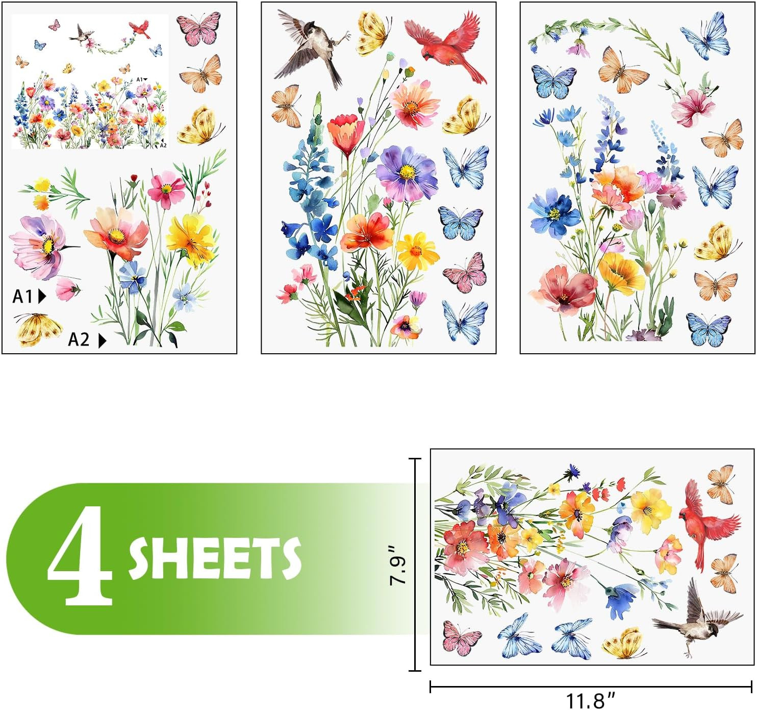 Spring Summer Floral Birds Window Clings, Watercolor Flower Butterfly Cardina…