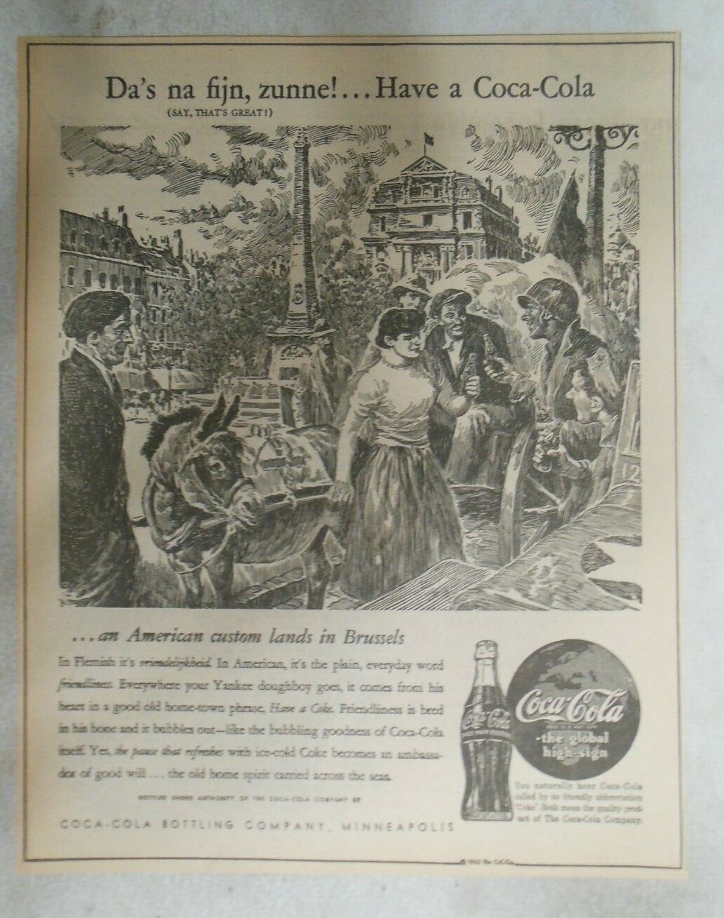 Coca-Cola ad: Fantastic Artwork! from 1940’s 10 x 12 inches Visiting Brussels !