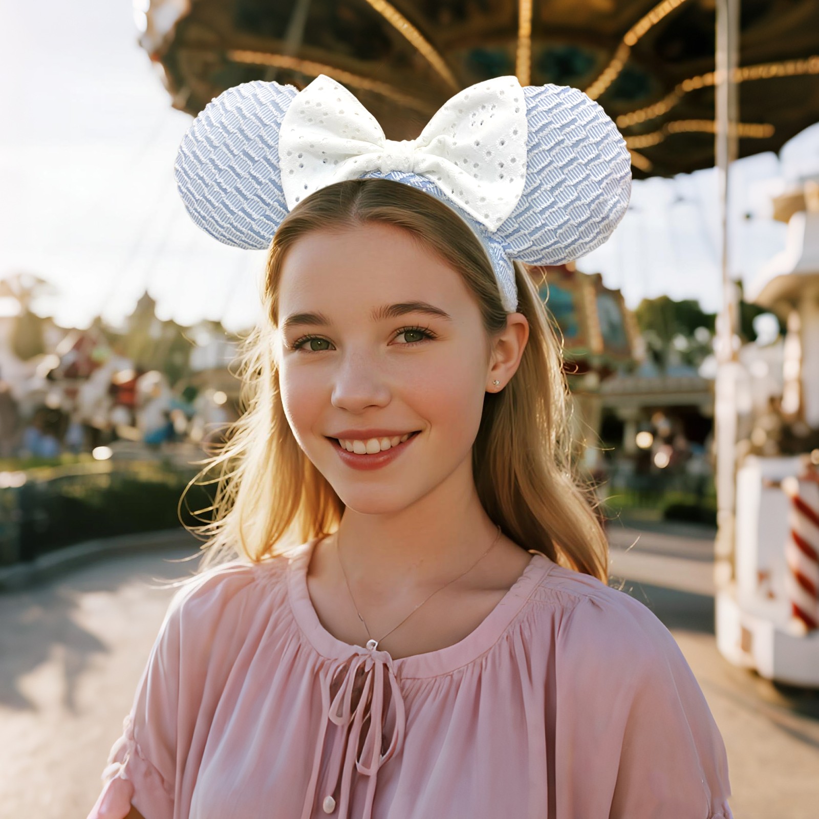Disney Parks Mouse Ears Headband Light Blue Wavy White Eyelet Lace Bow NWT