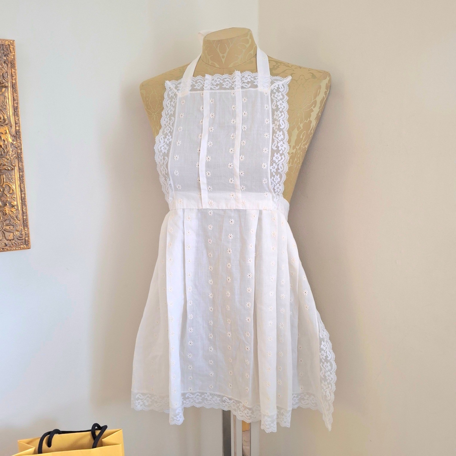 Vintage White Eyelet Lace Apron Cottagecore Victorian Prairie Bib Halter Tie