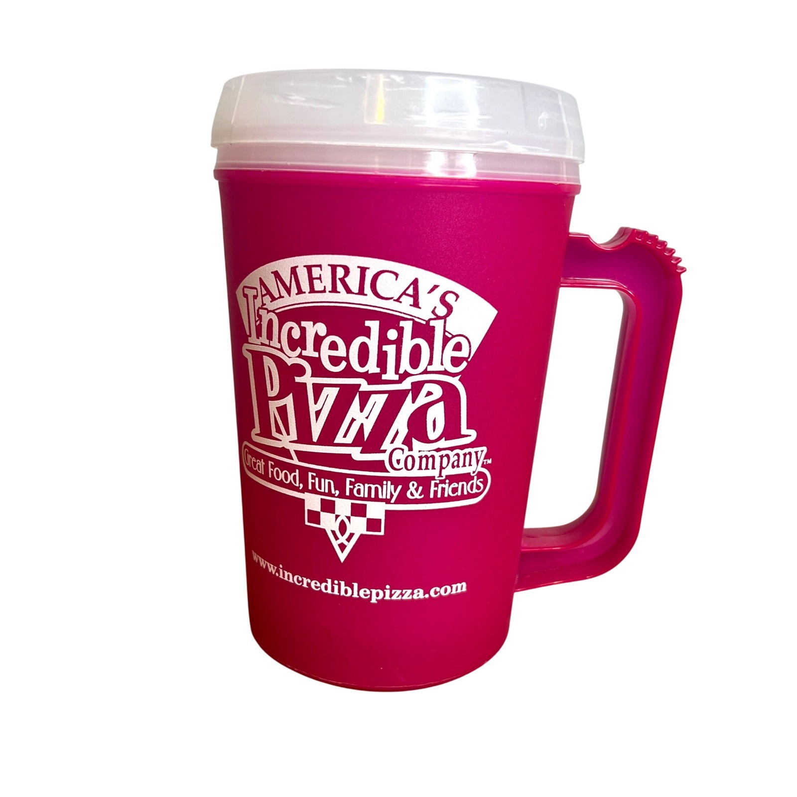 Americas Incredible Pizza Company Pink Insulated Hot or Cold Mug 22 Oz w/ Lid