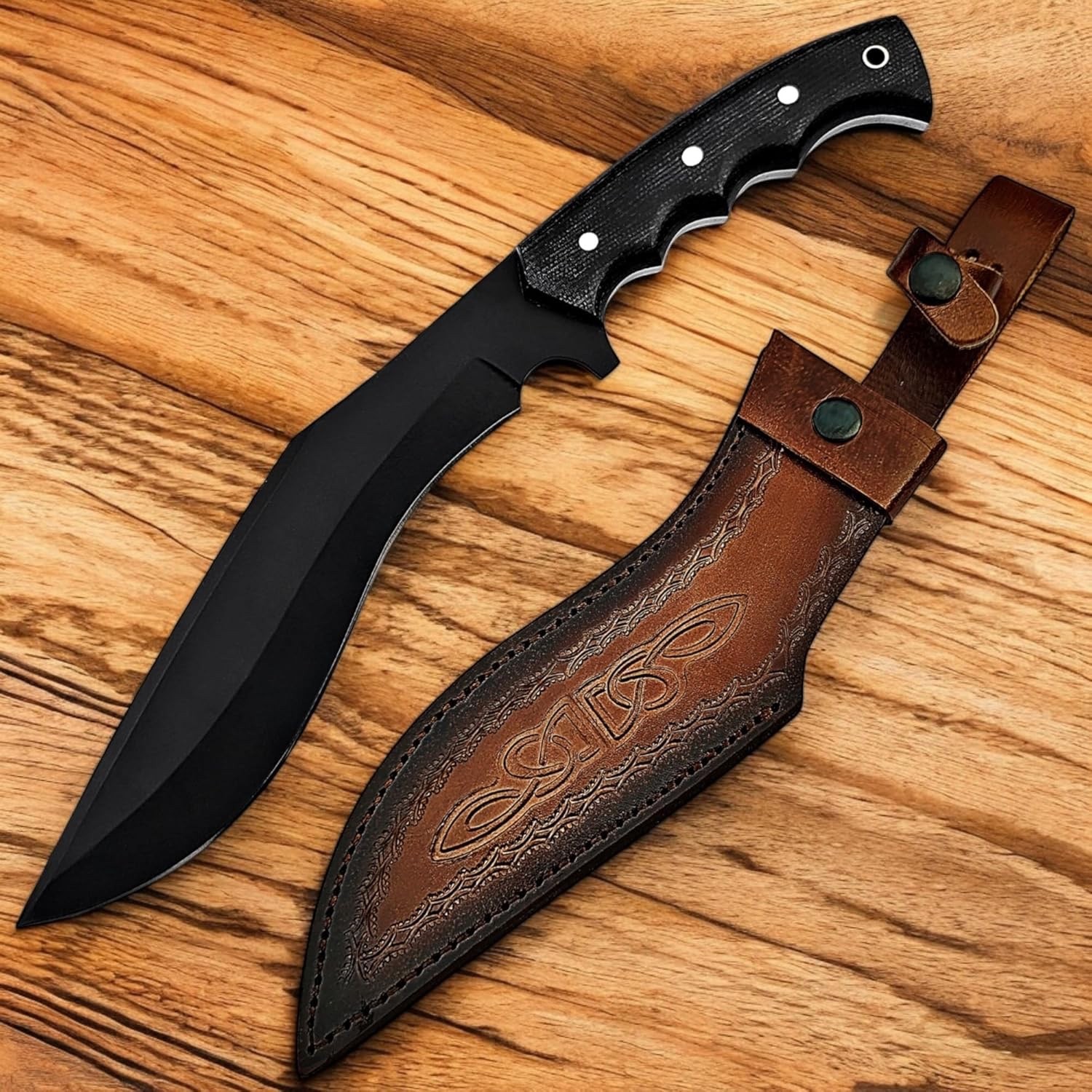 Handmade Kukri Knife with D2 Steel Black Coated Blade, Durable G10 Handle
