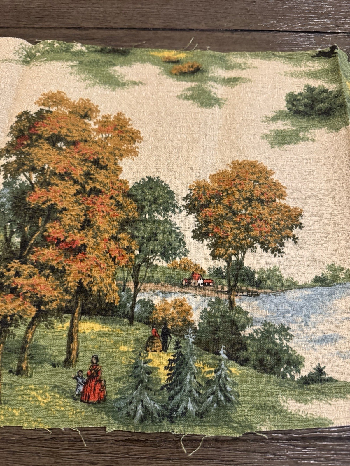 VINTAGE SCENIC BARKCLOTH VIBRANT COLORS HOUSE ON LAKE FALL TREES 46″ x 12