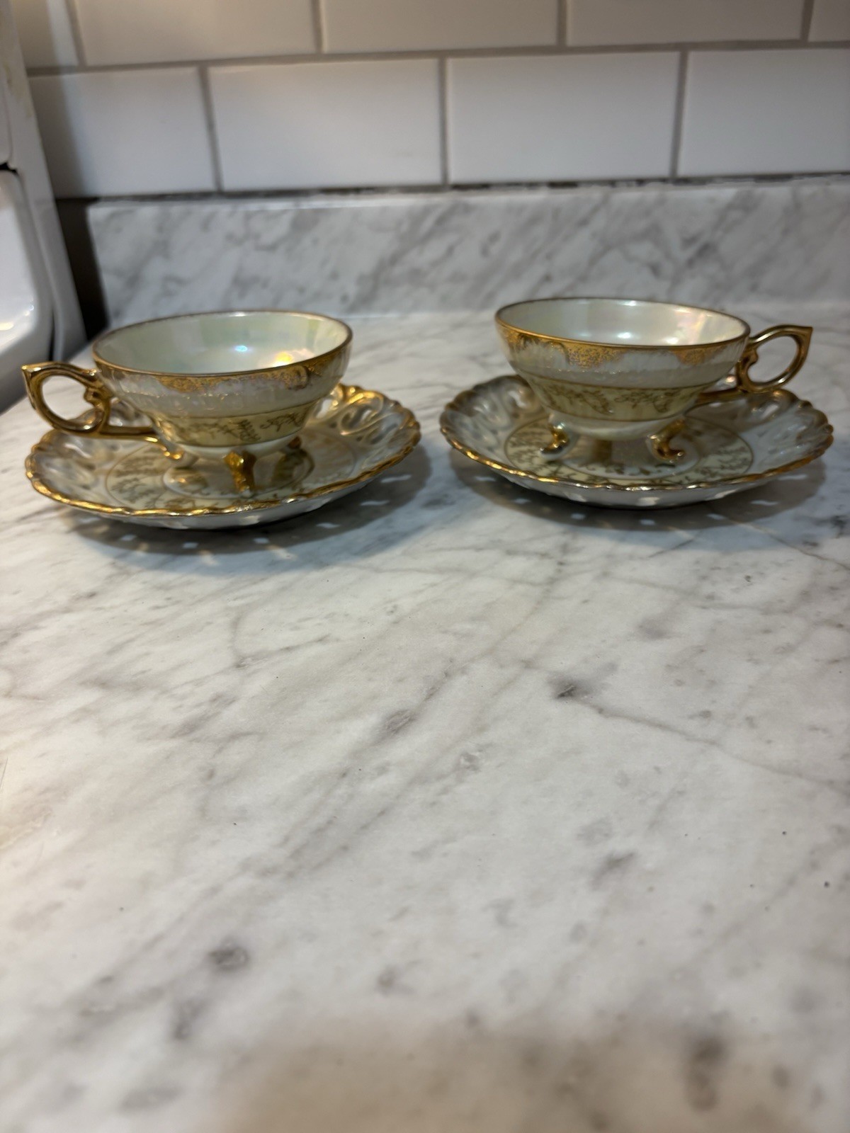 Set of 2 Vintage Yamato Lusterware Tea Cups & Pierced Saucers