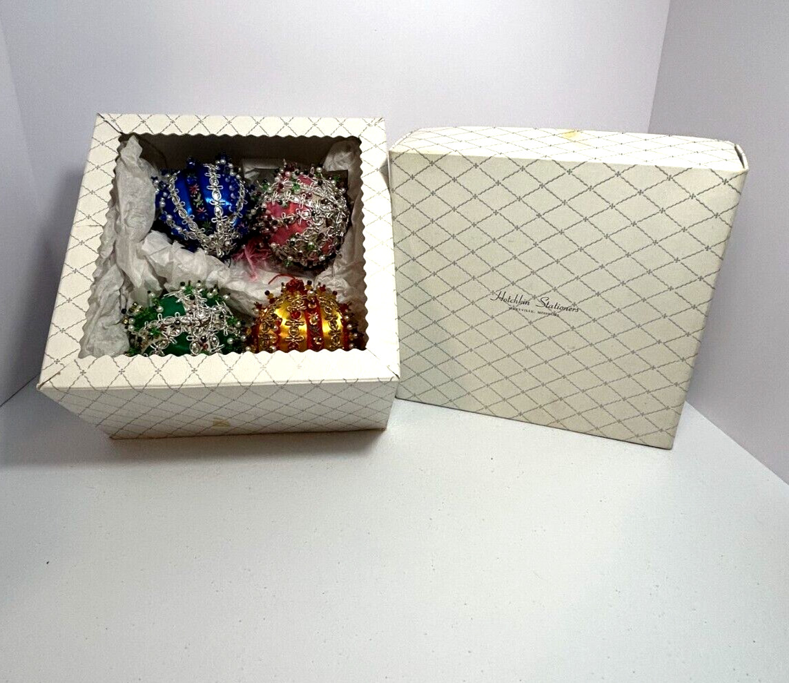Vtg Hotchkin Stationers Set of 4 Satin Sequin Push Pin Christmas Ornaments