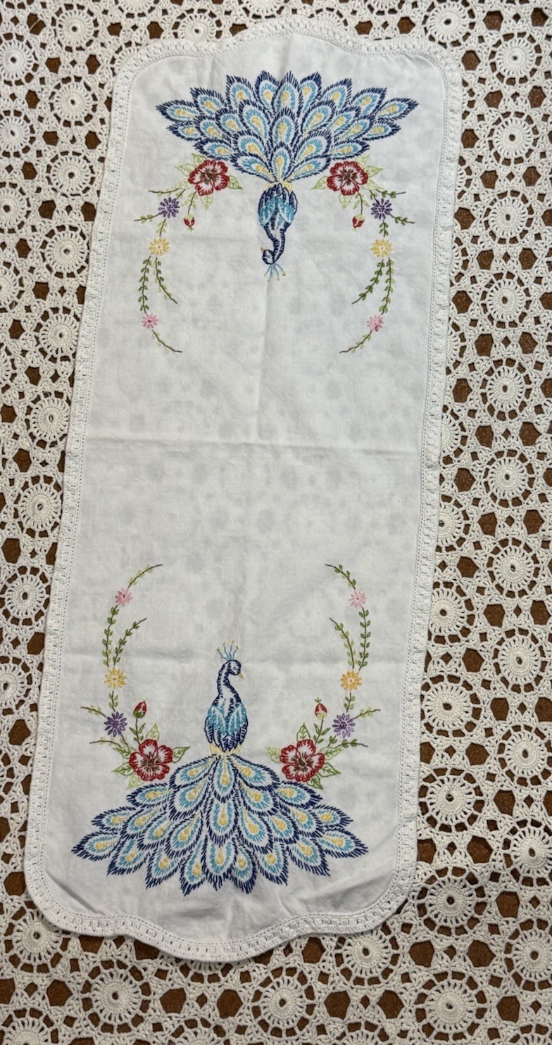 Vintage White Cotton Blue Peacock Embroidered Table Runner Decor Floral