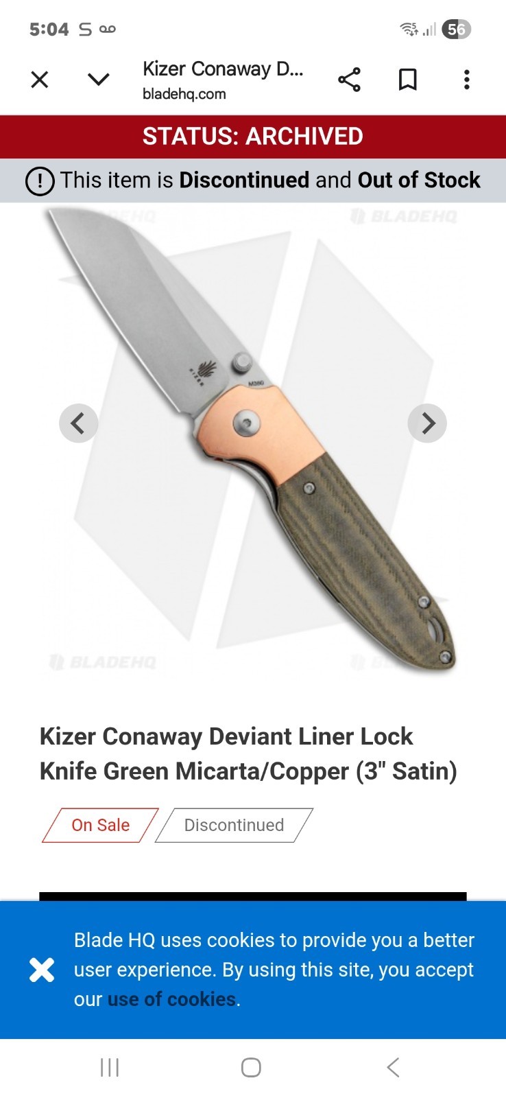 Discontinued sold out Kizer Deviant Liner Lock Green Micarta/Copper (3″ Satin)