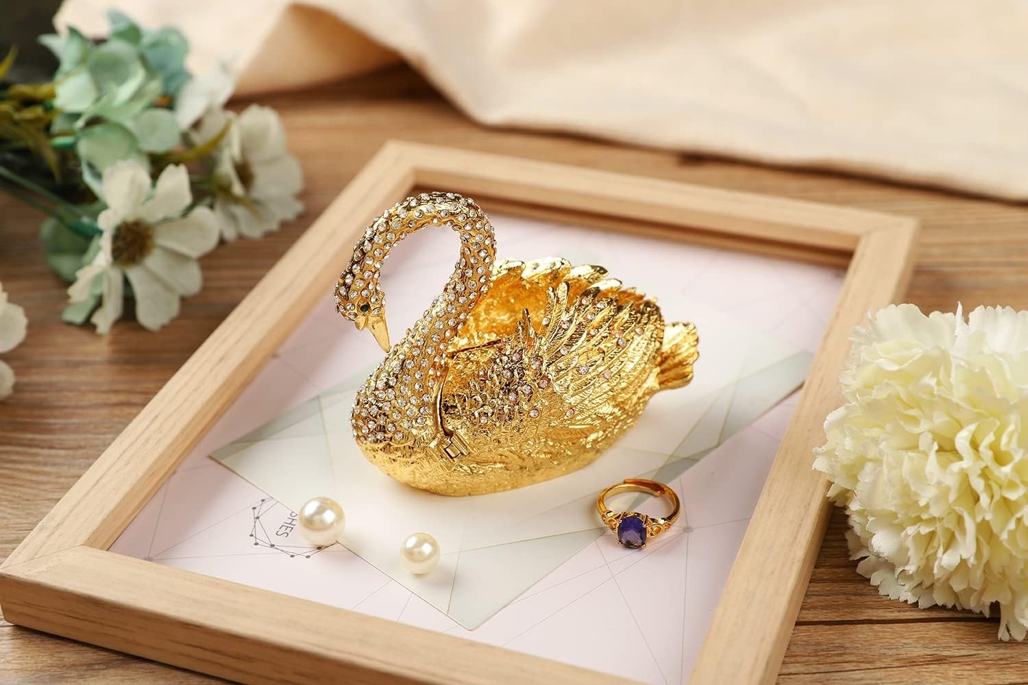 Golden Swan Trinket Boxes Hinged Hand-Painted Jewelry Box Animals Figurine Cr…