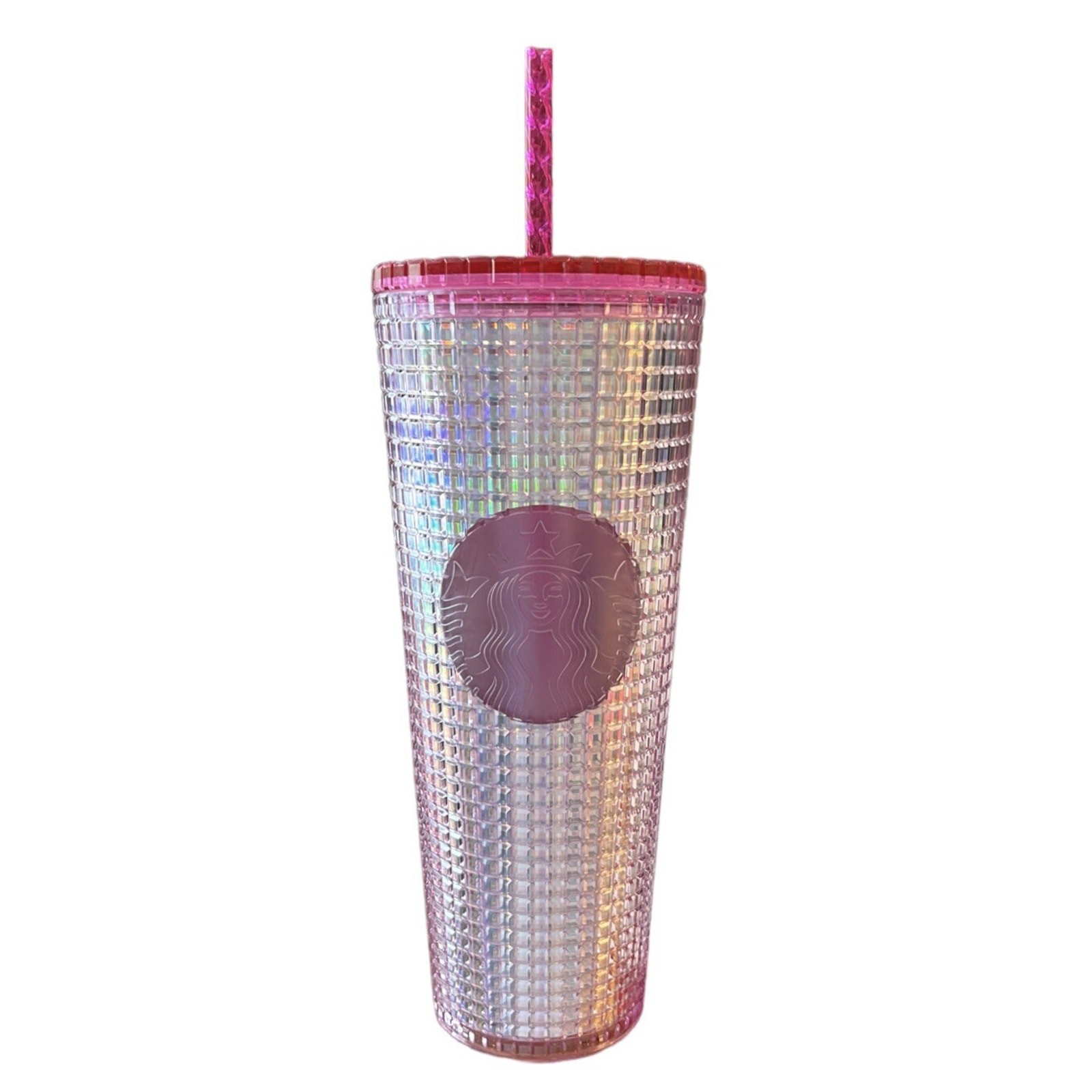 Starbucks 2023 Grid Bubblegum Gradient Pink Silver Iridescent Tumbler Cup 24 oz