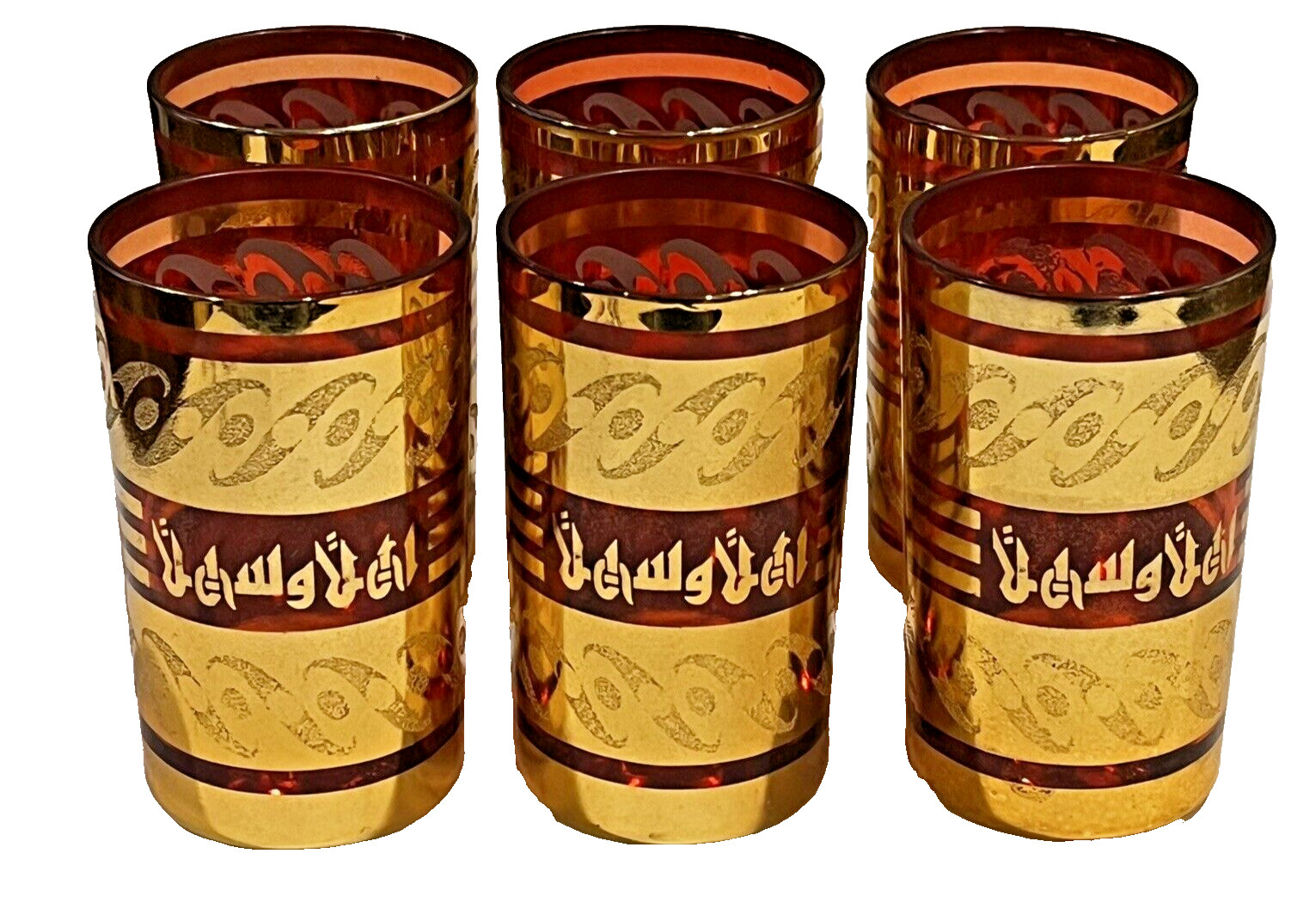 Lot of 6 Mikorea Cranberry Glass with Gold Overlay Moroccan Tea Glasses