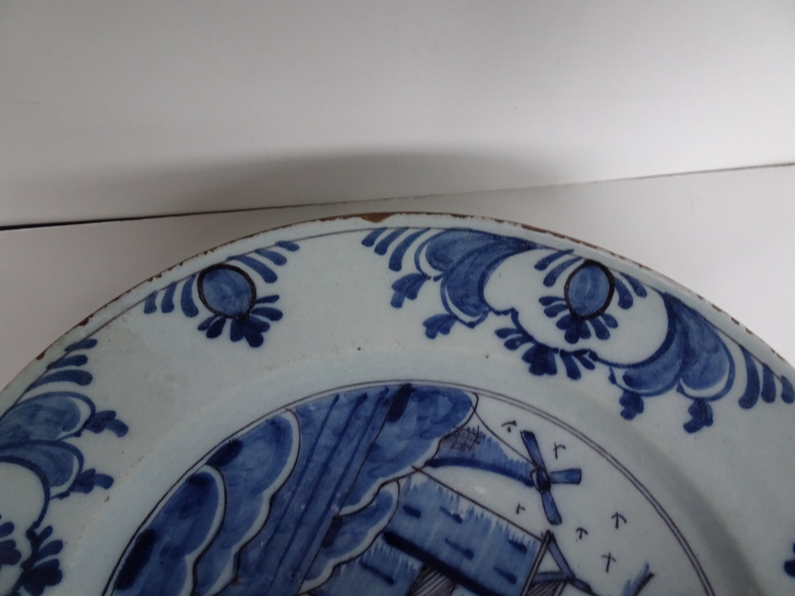 Large Blue Dutch Landscape Plate, 13.5 inches, mid 1700s