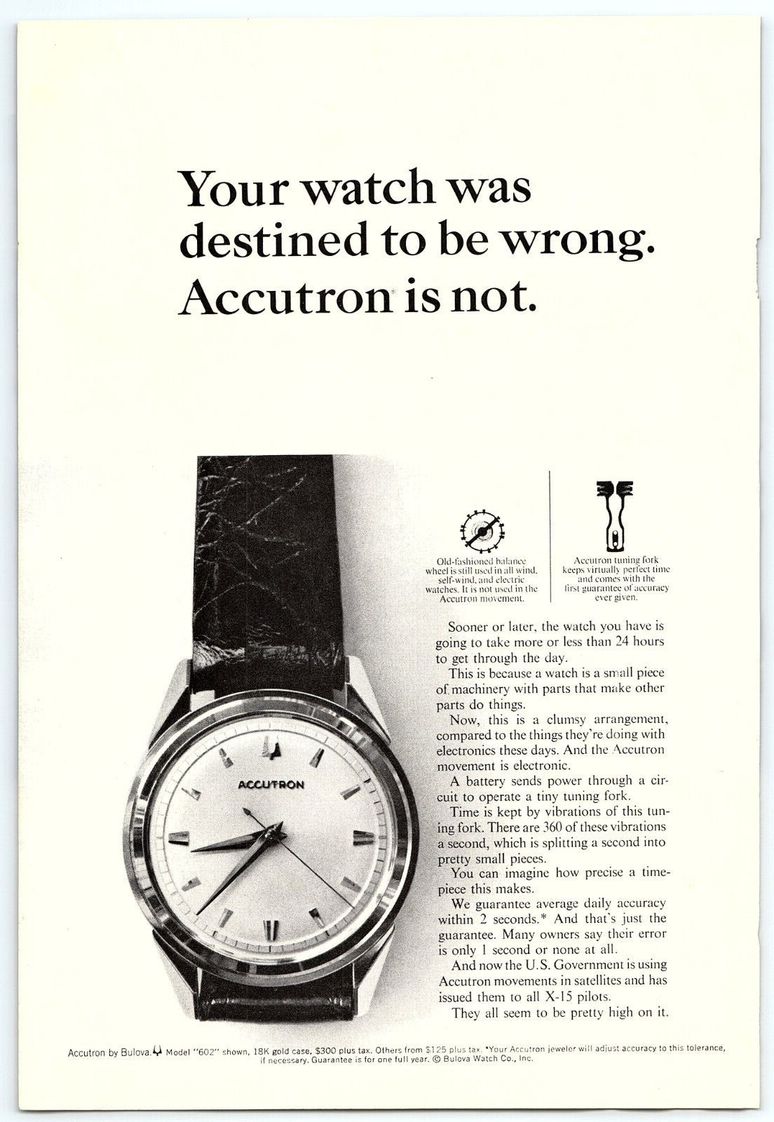 1965 ACCUTRON WATCH BY BULOVA MODEL 602 18K CASE VINTAGE ADVERTISEMENT Z1343