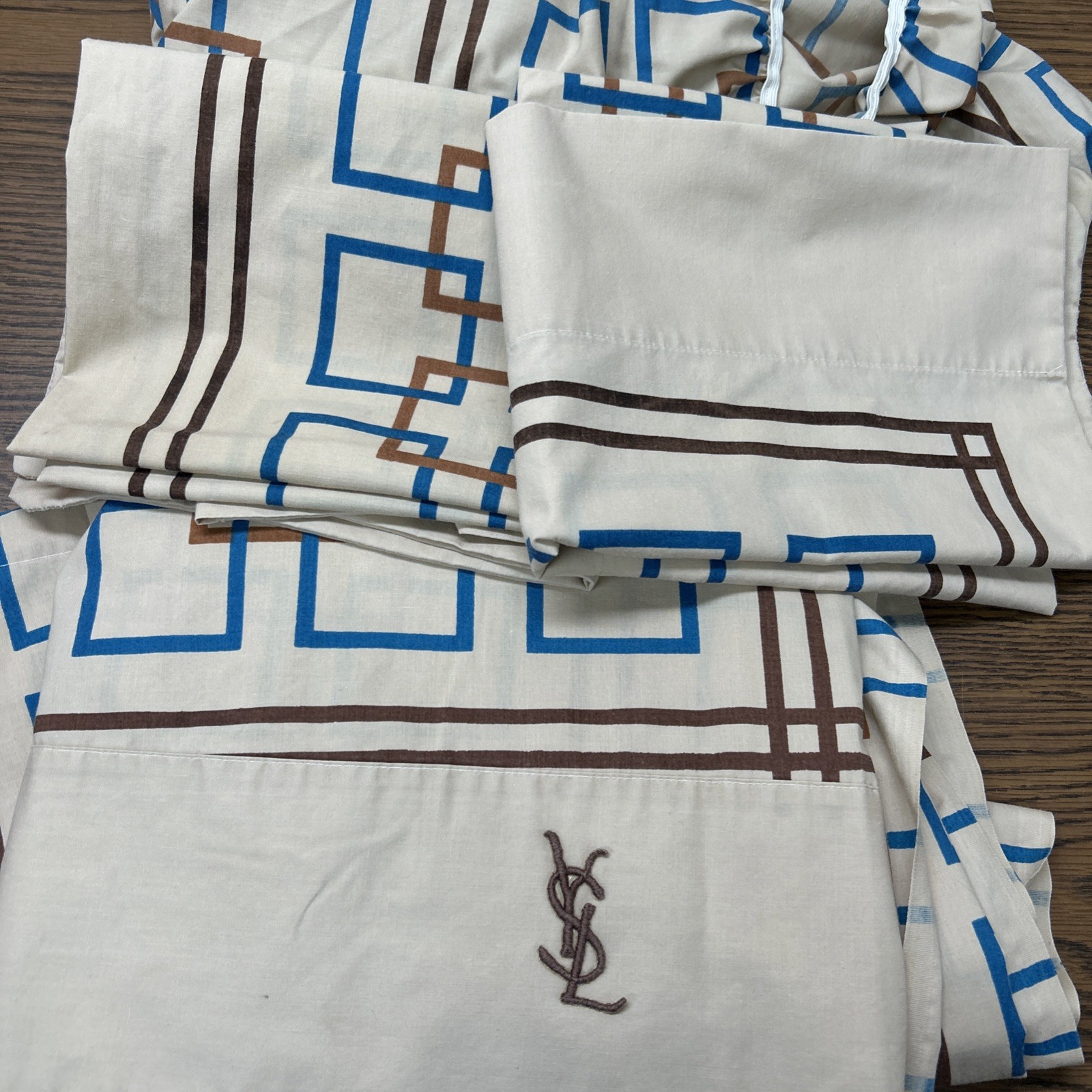 Vintage 70s YSL Yves Saint Laurent 3pc FULL Sheet Geometric Blocks 1976 Fitted