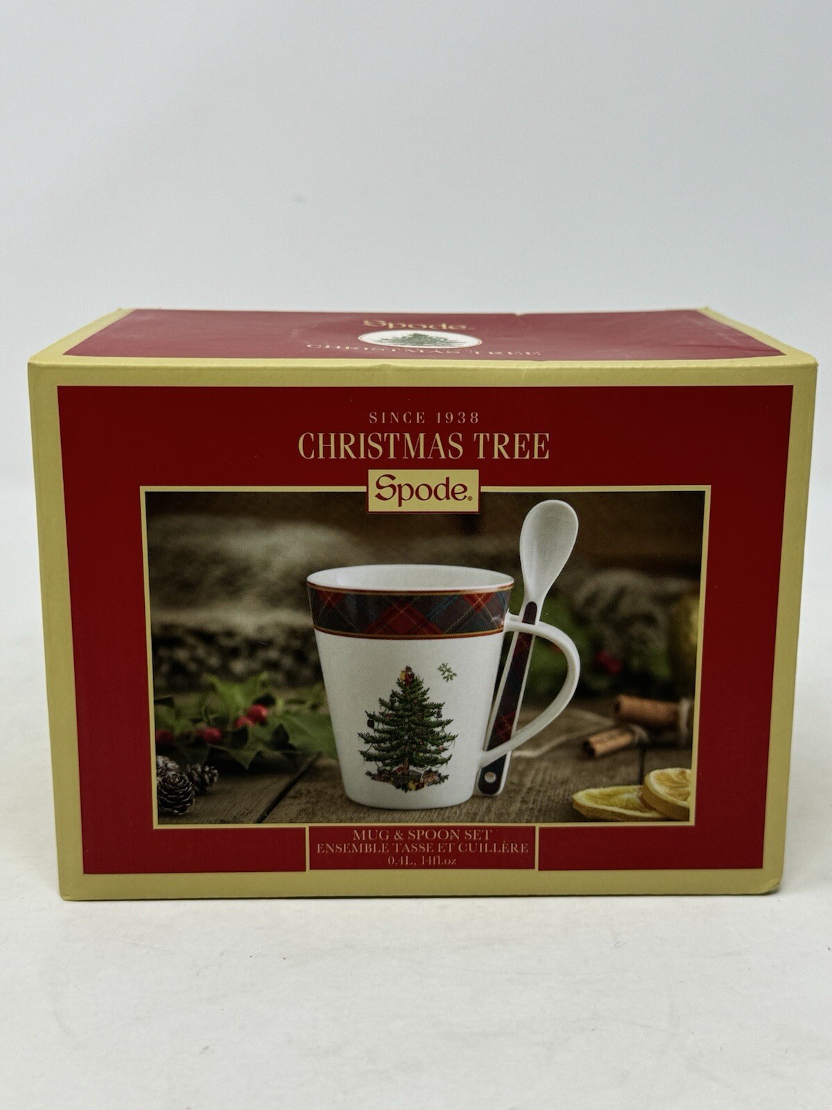 Spode Tartan Mug with Spoon 14 oz Christmas Tree Holiday Gift set Nib plaid rim