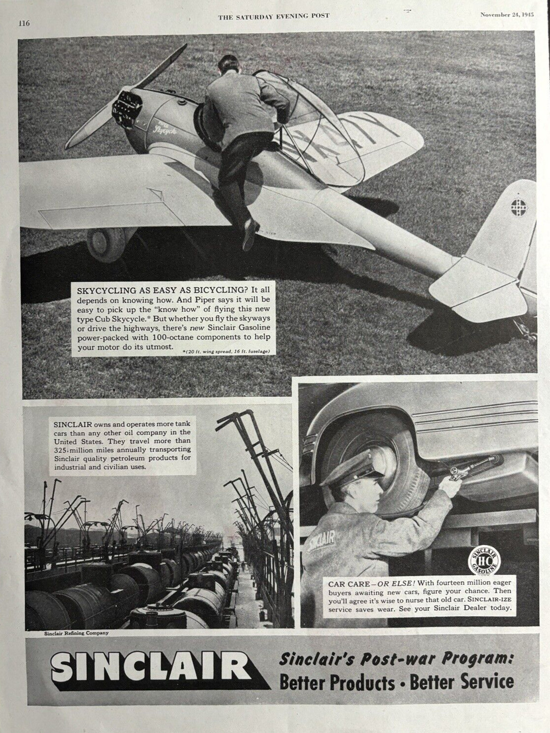 1945 Sinclair Gasoline HC Skycycling Car Care Refining Co Dealer VTG Print Ad