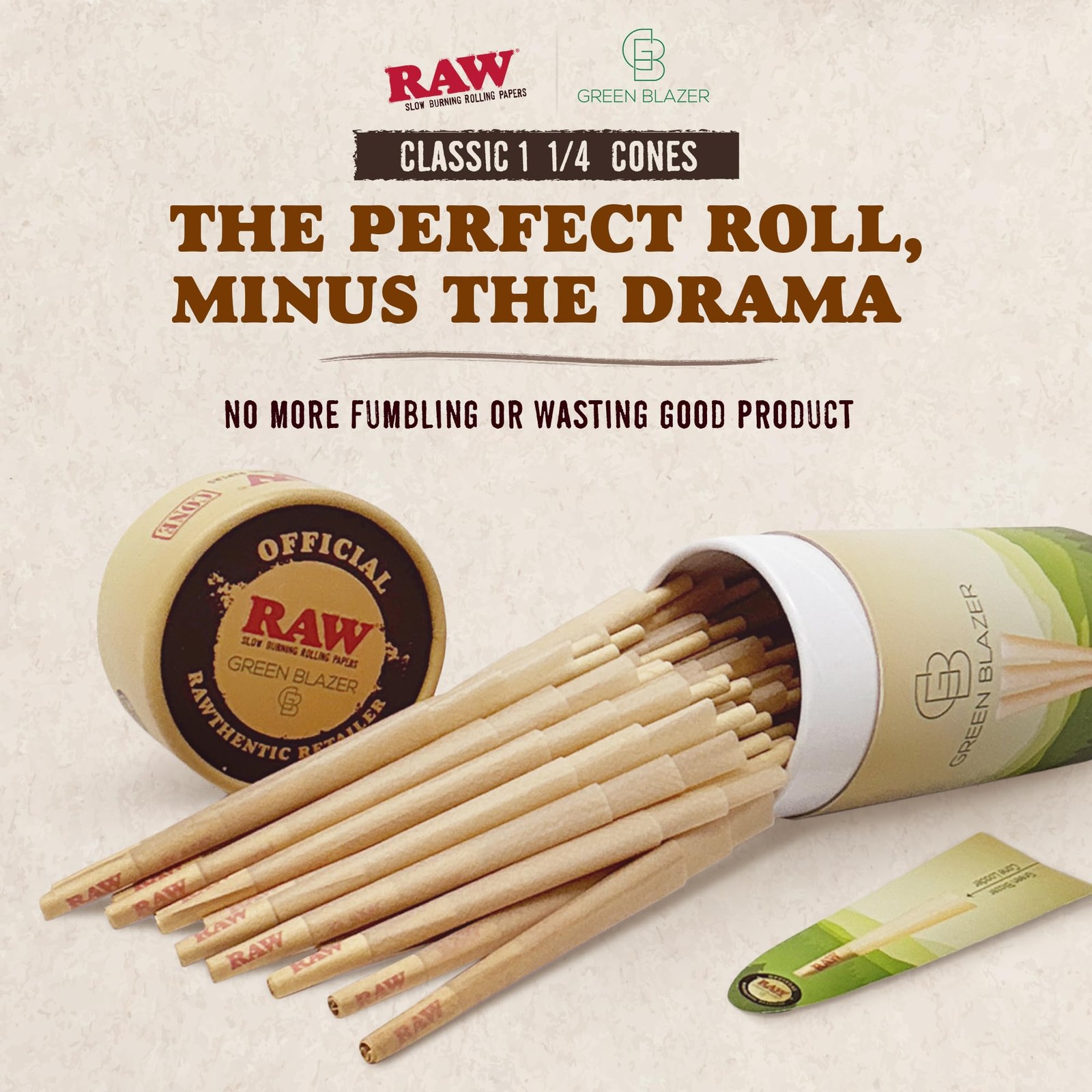 RAW Cones 1 1/4 Size: 50 Pack Patented Slow 50 Count (Pack of 1), Brown