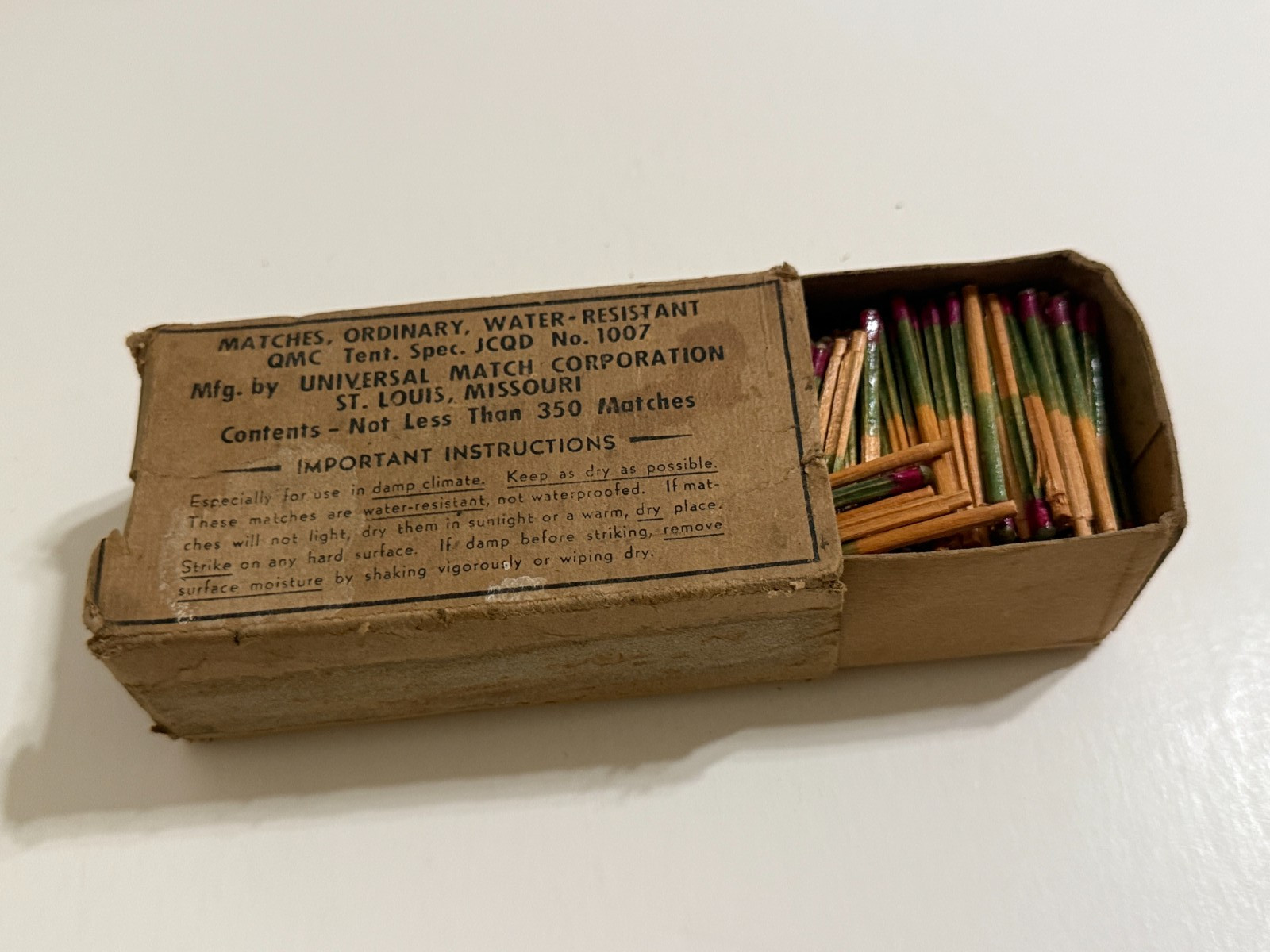 WWII Water-Resistant Universal Matches QMC Tent No. 1007, Box of
