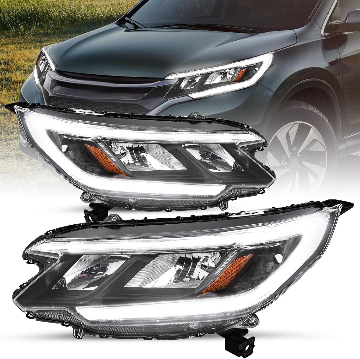 -For 2015 2016 Honda CRV [Halogen Type W/Led DRL] Headlight Assembly | Black Amb