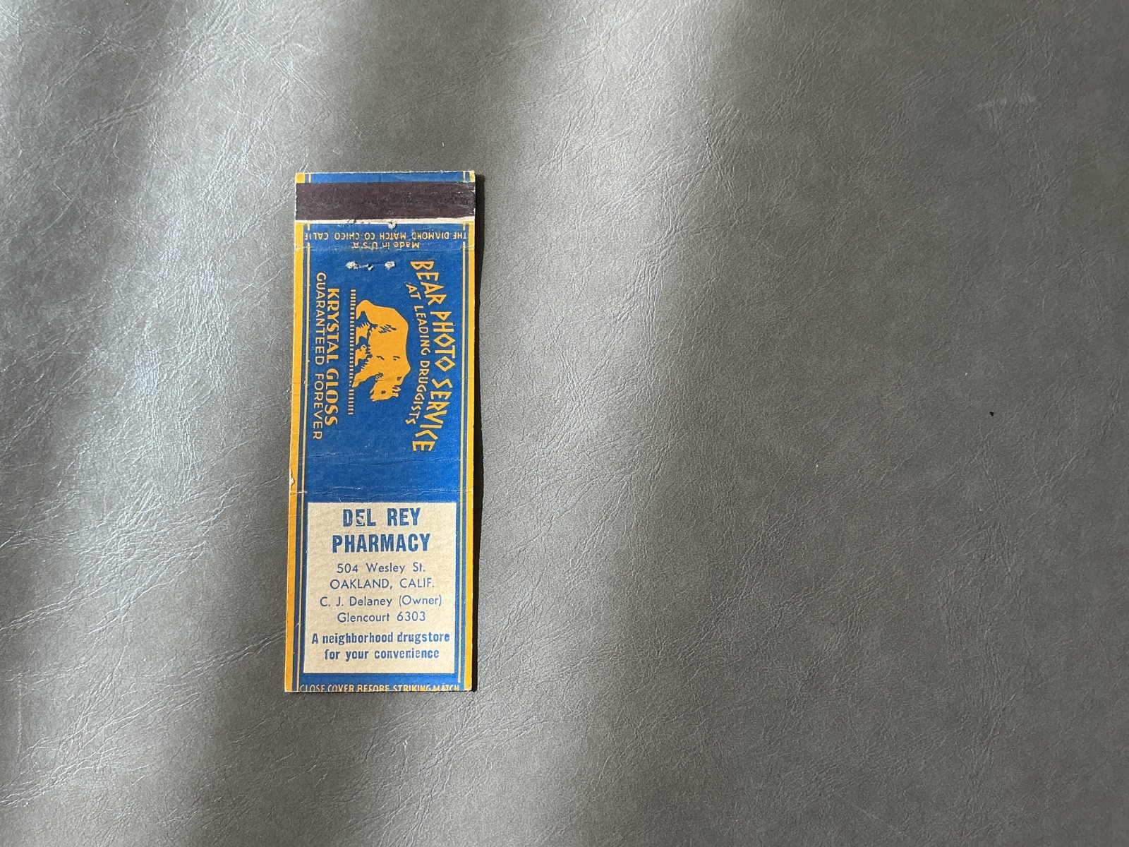 Matchbook Cover – Del Rey Pharmacy, Oakland California