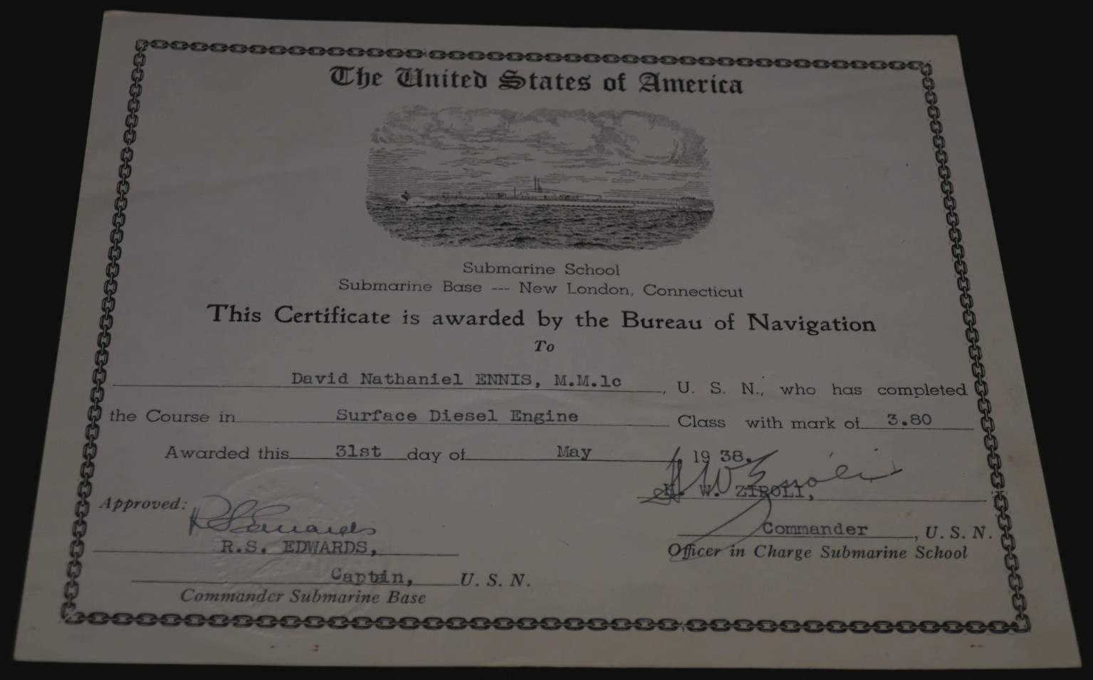 WWII USN Navy Submarine Base Documents ‘CMM David ENNIS’ SS-220 USS Barb Service