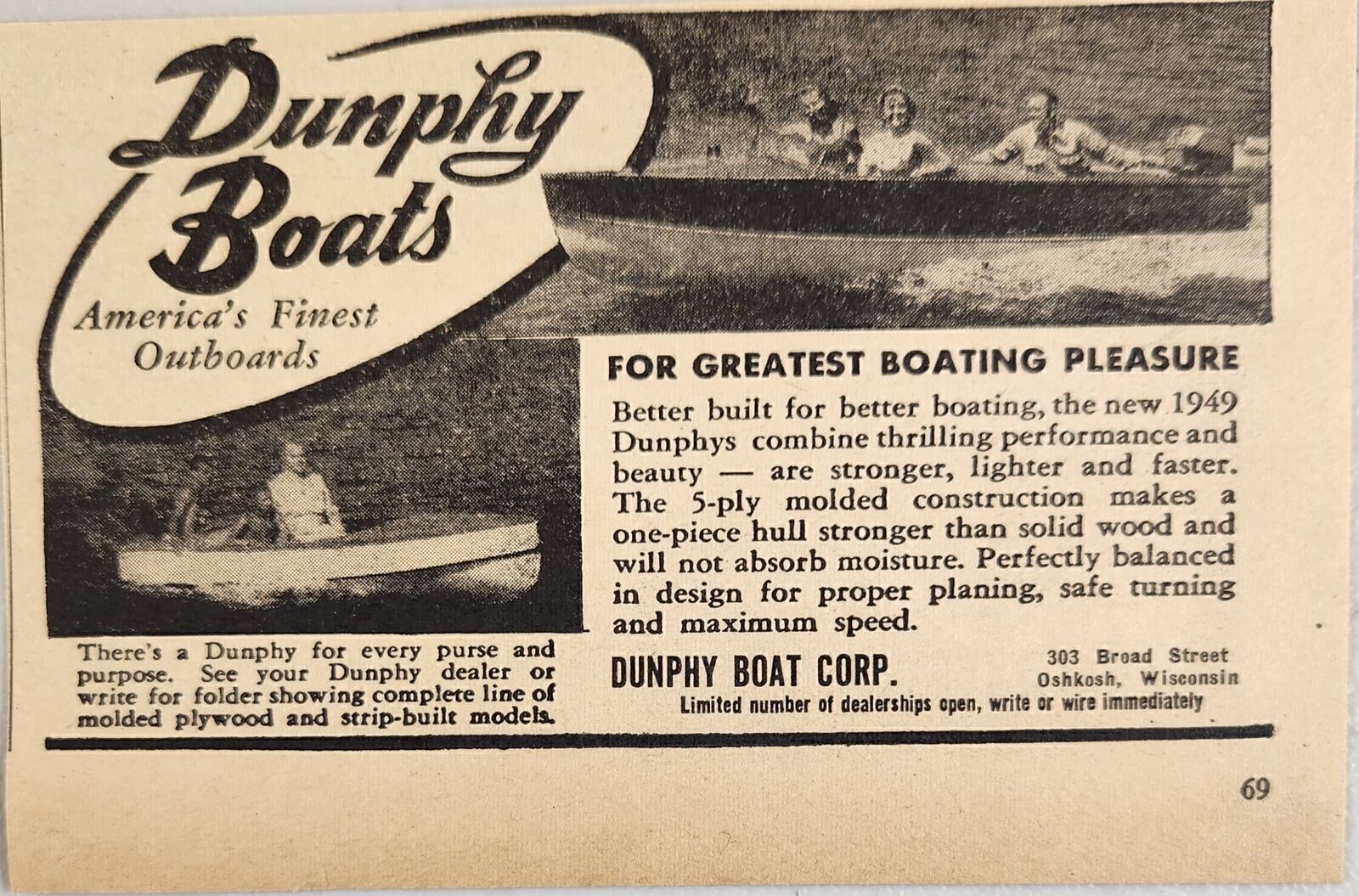 1949 Print Ad Dunphy Wood Boats 5 Ply Molded Construction Oshkosh,Wisconsin