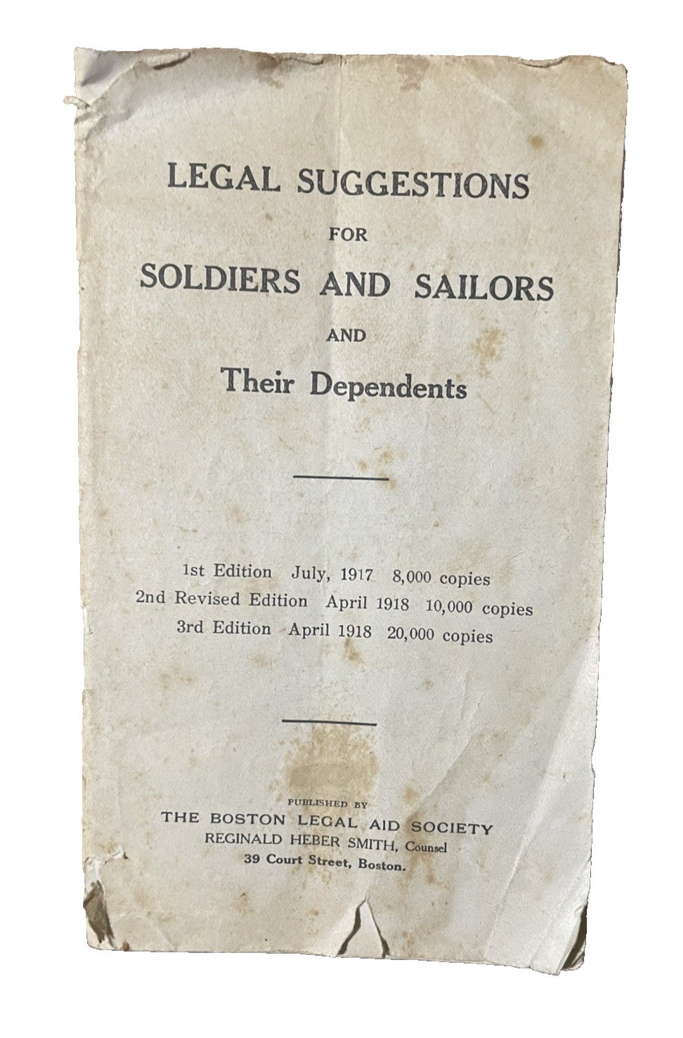 Soldiers & Sailors Legal Suggestions Booklet Original 1918 Boston Legal Aid WWI
