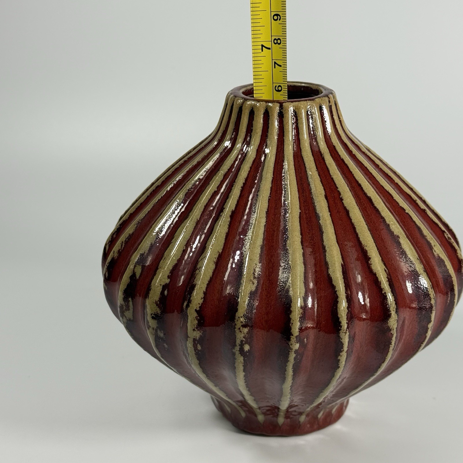 Global Views Art Pottery Decorative Vase Red Glazed Ribbed Mid Century Modern
