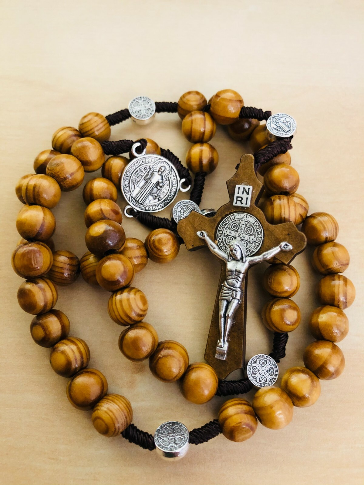 Saint Benedict Wooden Beads Rosary Necklace INRI Medal & Cross Catholic