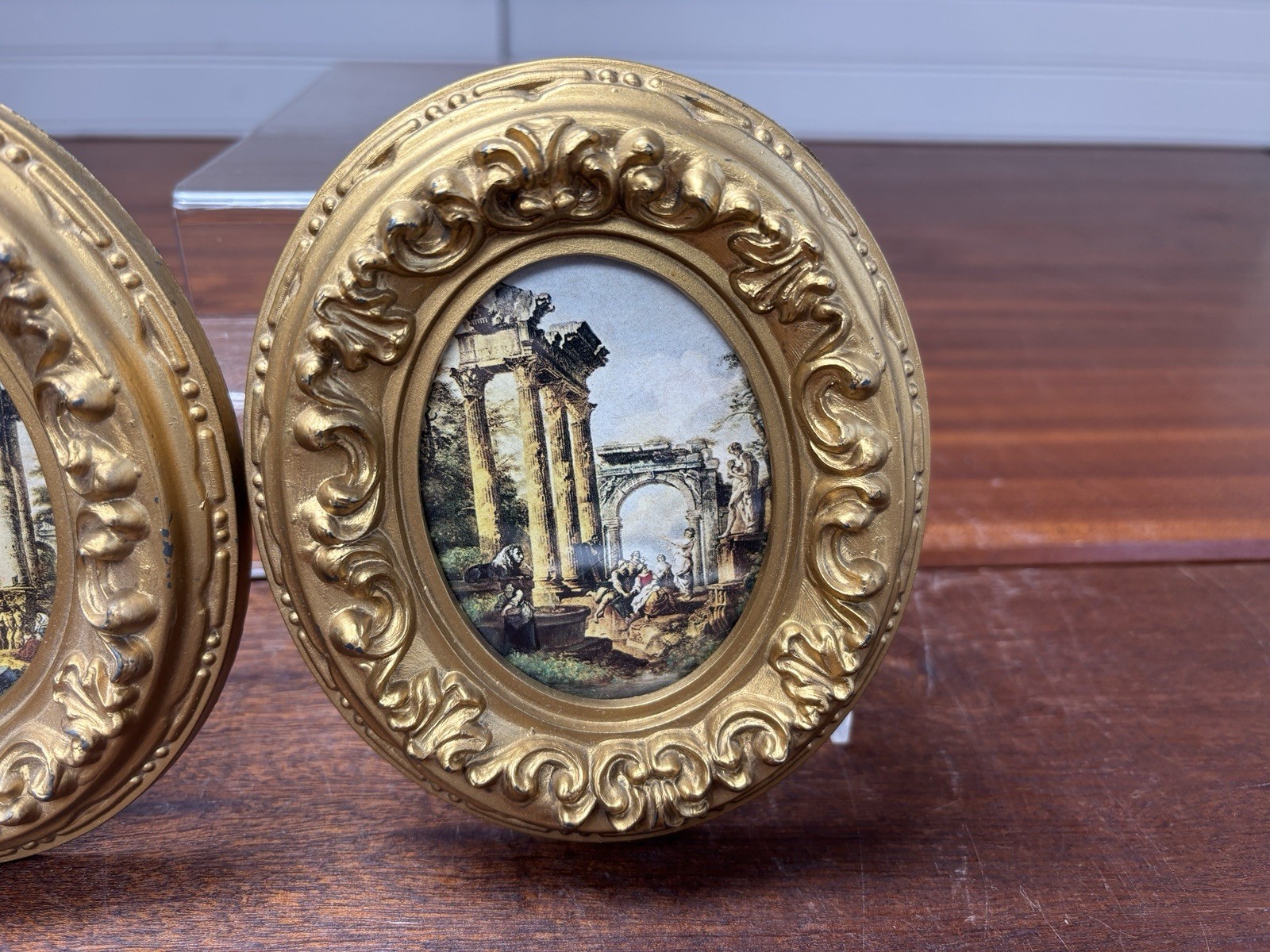 Gold Oval Gallery Wall Plaques Classical Ruins Prints Pair VTG Decor 5×4″