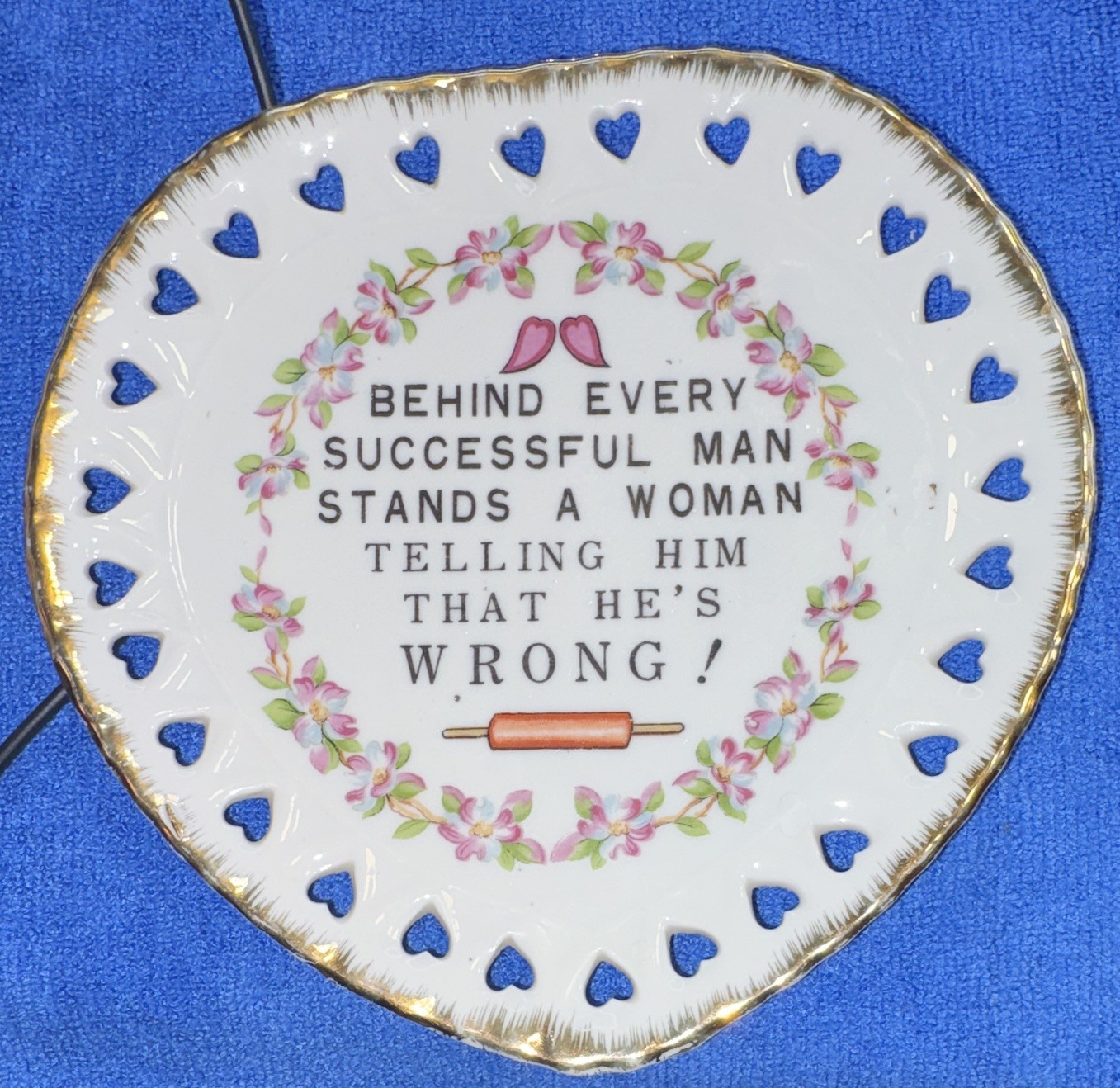 Japanese Decorative Collector Plate Blue Heart Border Floral Quote Round