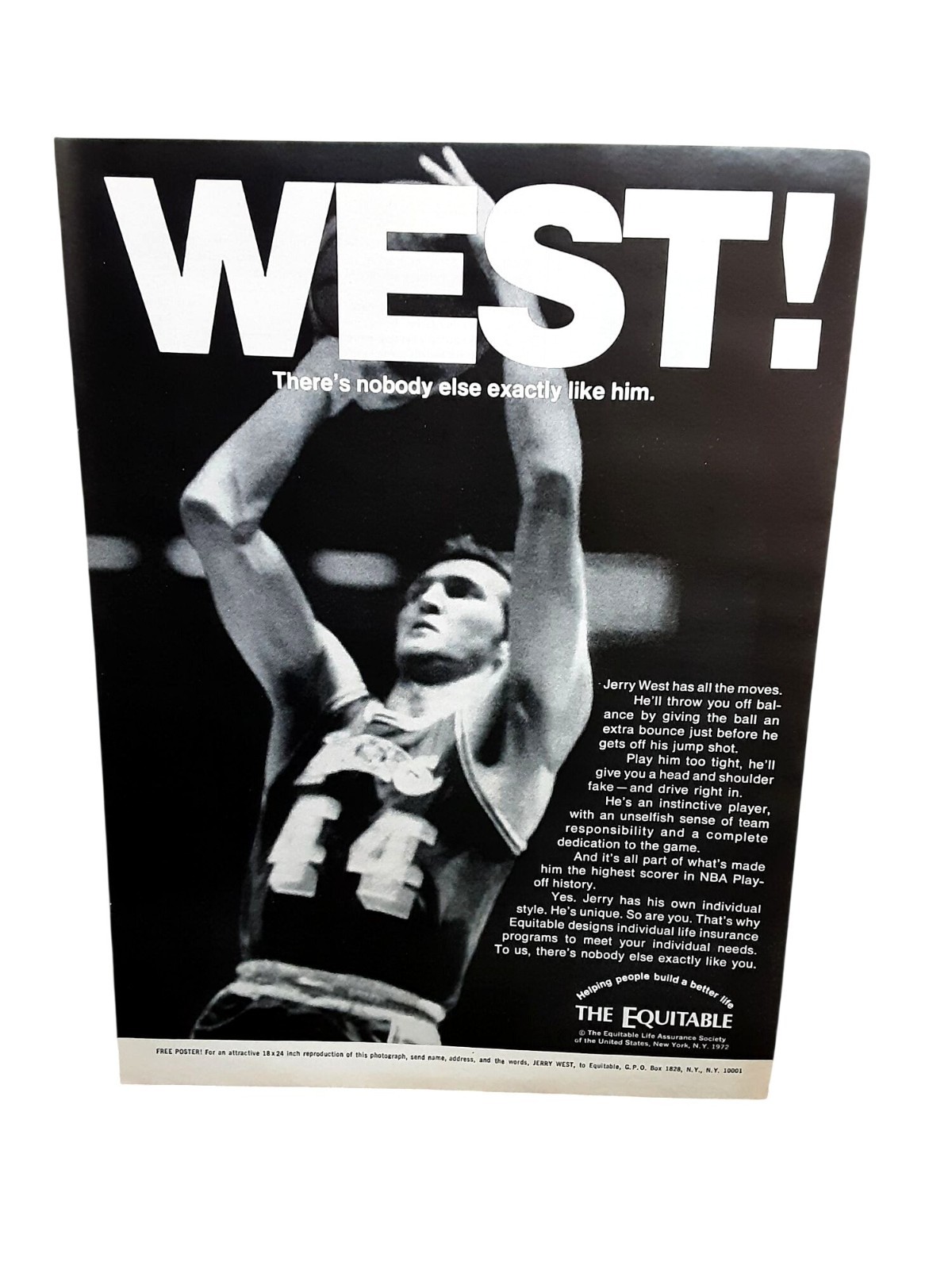 1972 Jerry West Los Angeles Lakers Vintage Print Ad NBA Basketball Legend