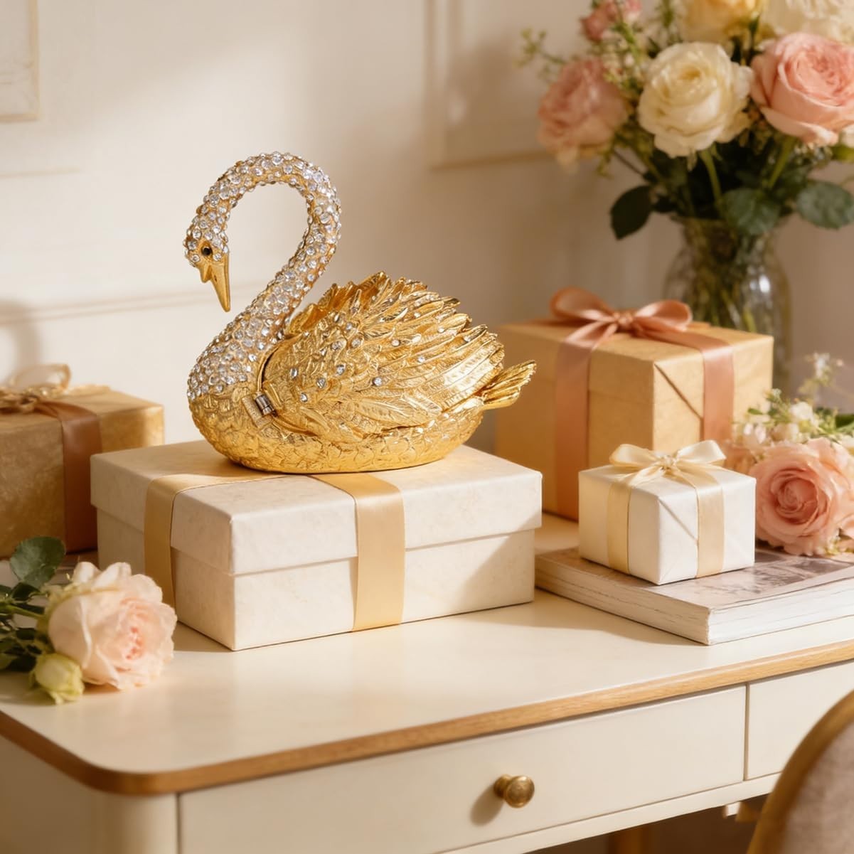 Golden Swan Trinket Boxes Hinged Hand-Painted Jewelry Box Animals Figurine Cr…
