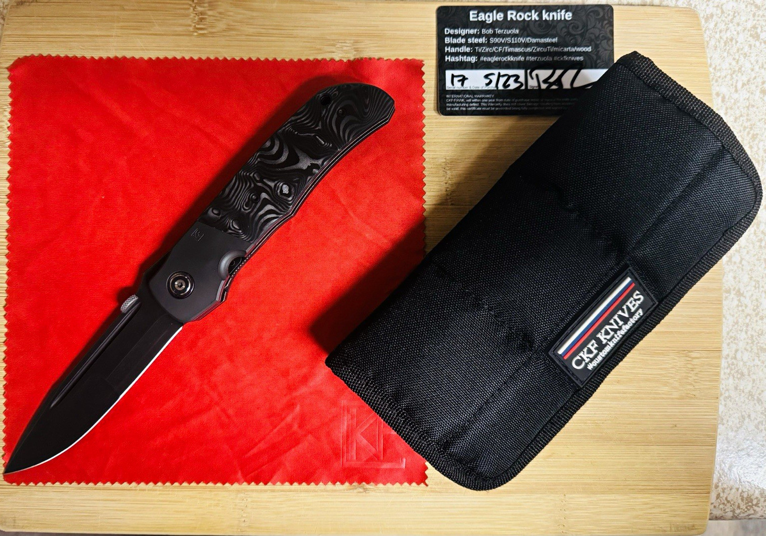 CKF KnivesxTerzuola Eagle Rock in S110V. Zirconium Bolster, Carbon Fiber Scales.