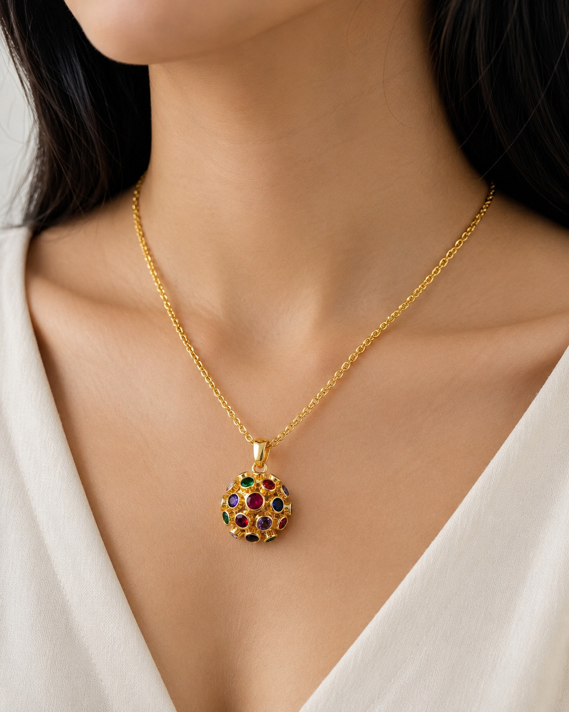 Estate Sputnik Bezel Set Multi-Gemstone Necklace Pendant 18K Yellow Gold Plated