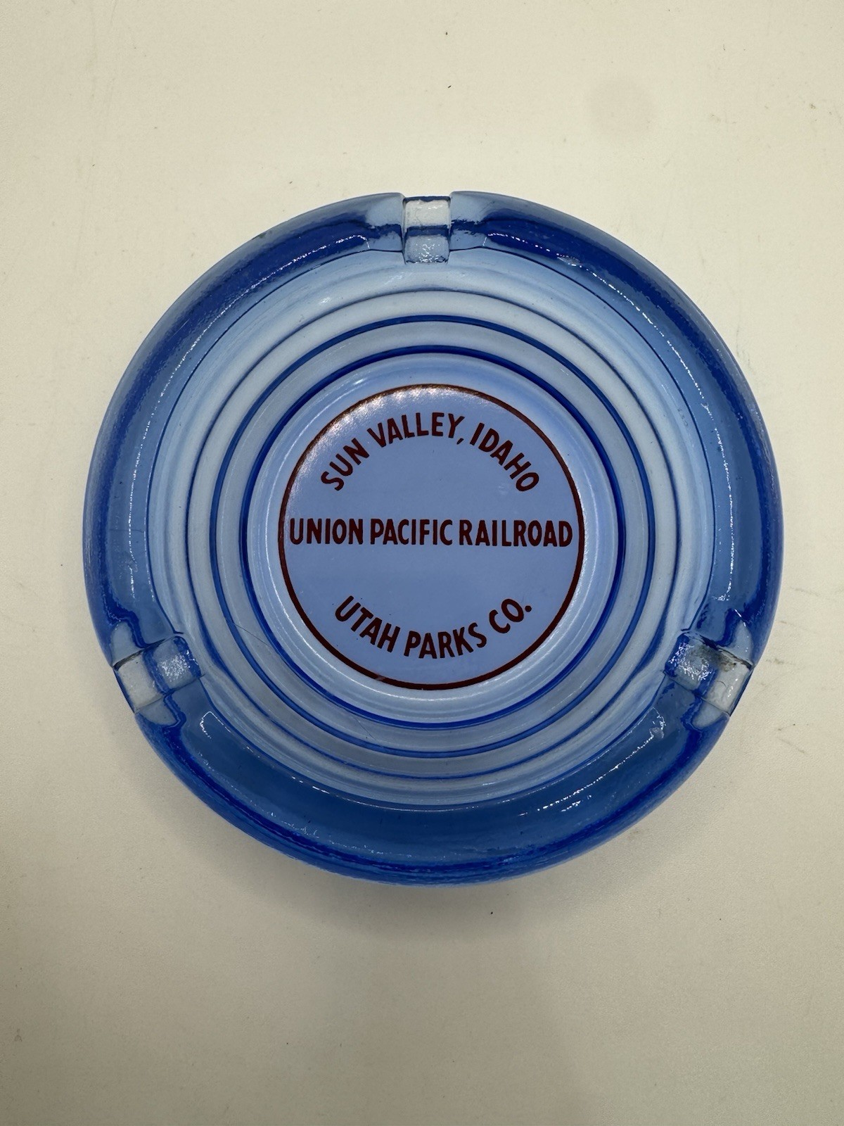 Sun Valley, Idaho Union Pacific Railroad Cornflower Blue Glass Ashtray