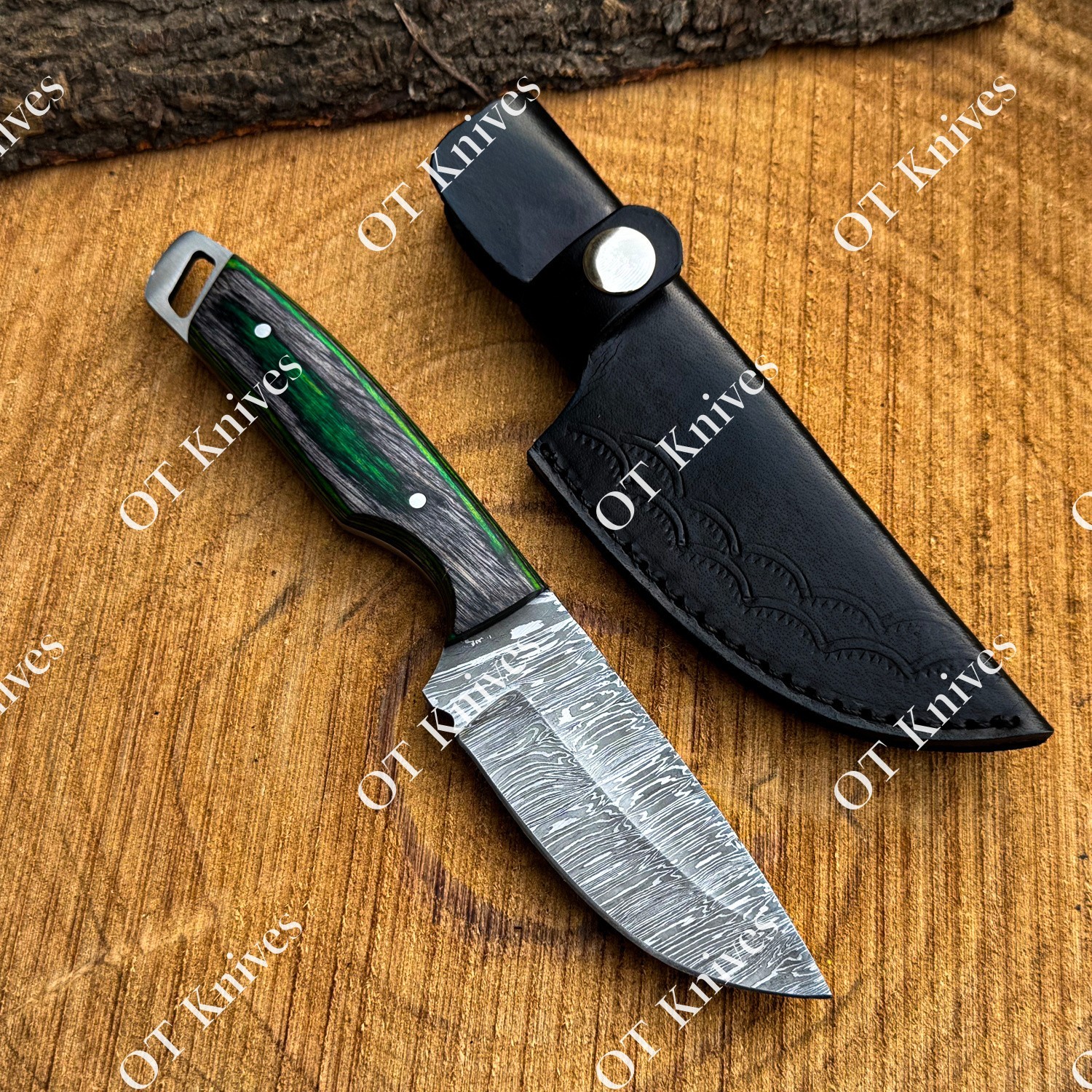 Full Tang Damascus Steel Razor Sharp Fixed Blade Skinner Knife Green Wood Handle