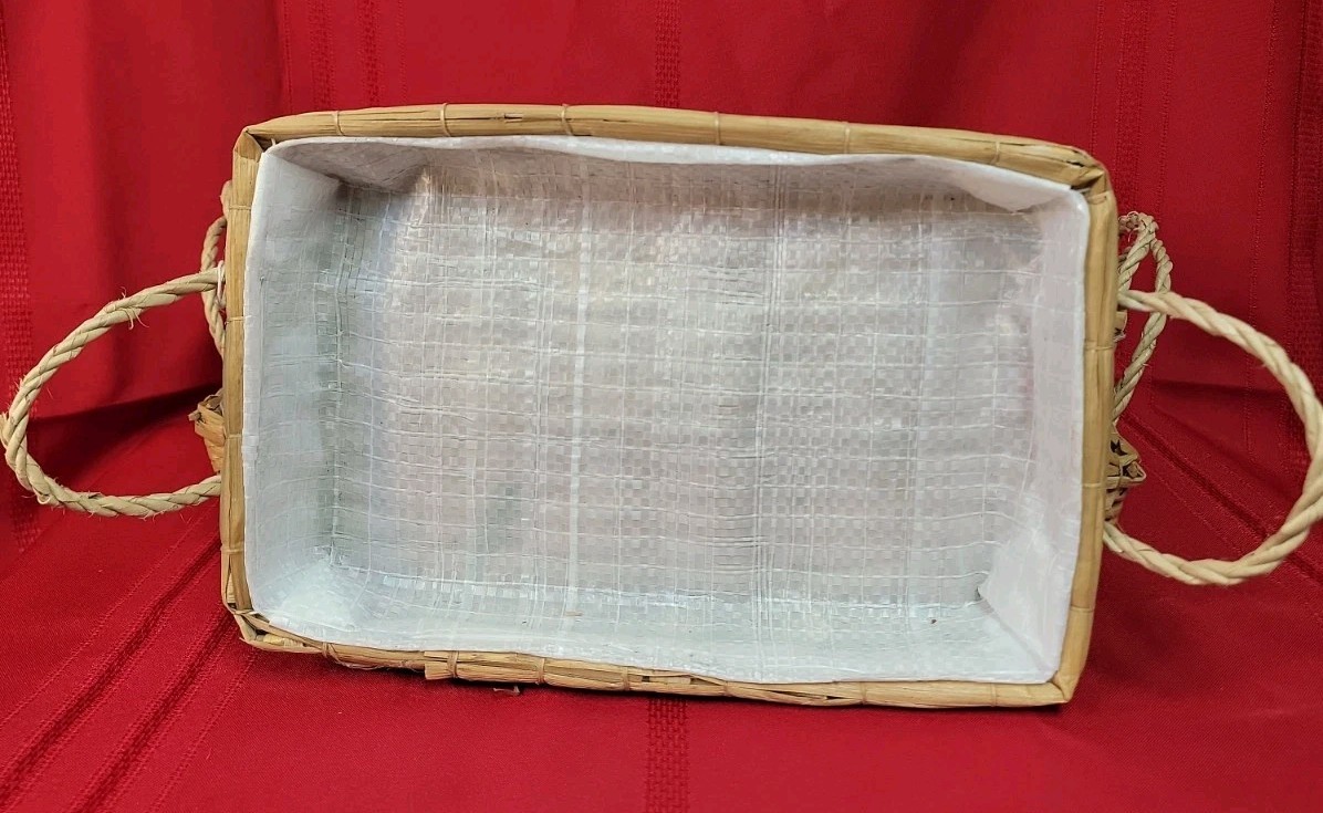 Three Vintage Woven Rectangle Baskets With Raffia Fruit