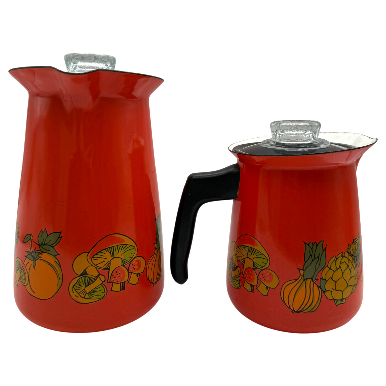 Set of 2 Vintage Mushroom Enamelware Percolator Stove Top Coffee Pot Complete