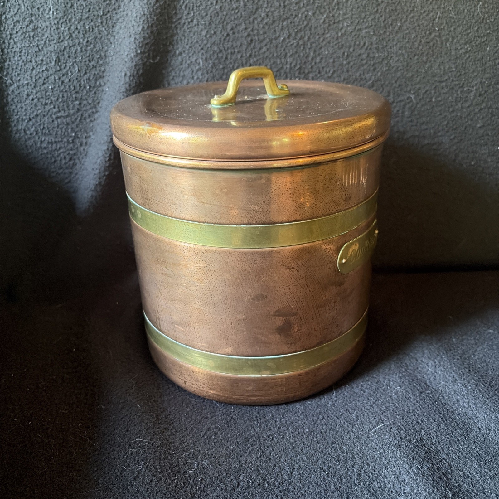 Vintage Solid Copper & Brass Cookie Jar – Nickel Lined w/ Aged Patina 7”x6.5”