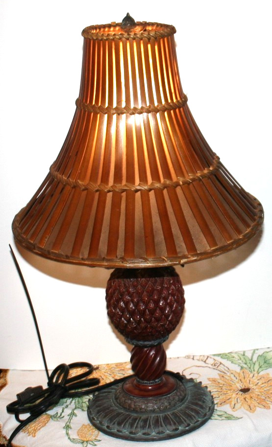 Vintage BAMBOO Slat LAMPSHADE Danish Modern Rattan Wood PINEAPPLE LAMP rare!