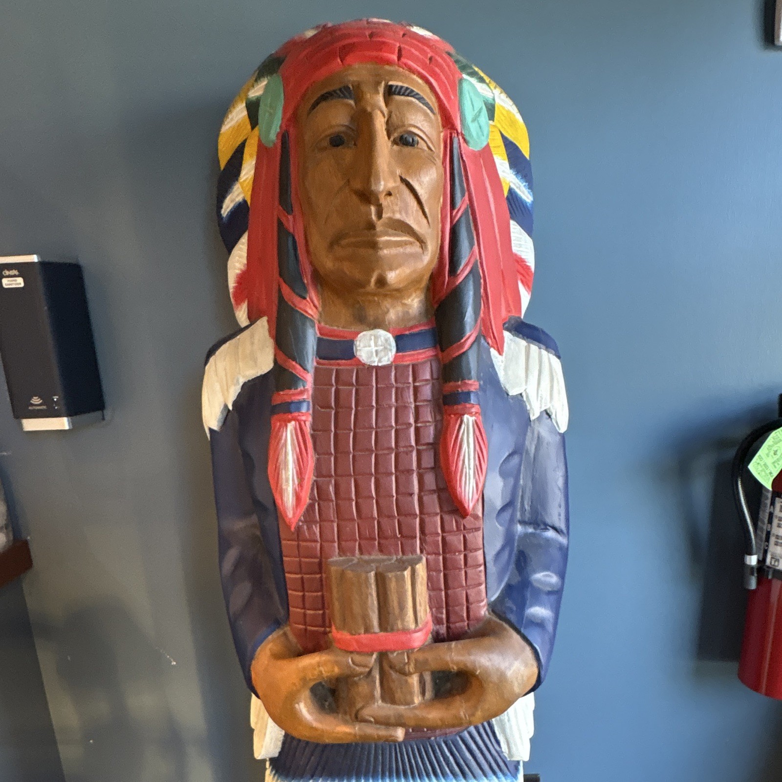 Hand Painted Carved Wood Native American Chief Statue, Large Multicolor