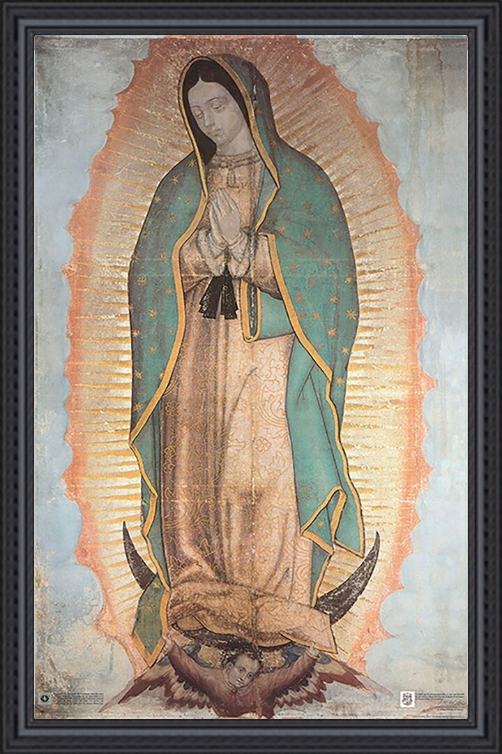 Our Lady of Guadalupe Religious on Stretched Canvas 24″x36″ Black Red Oak Frame 