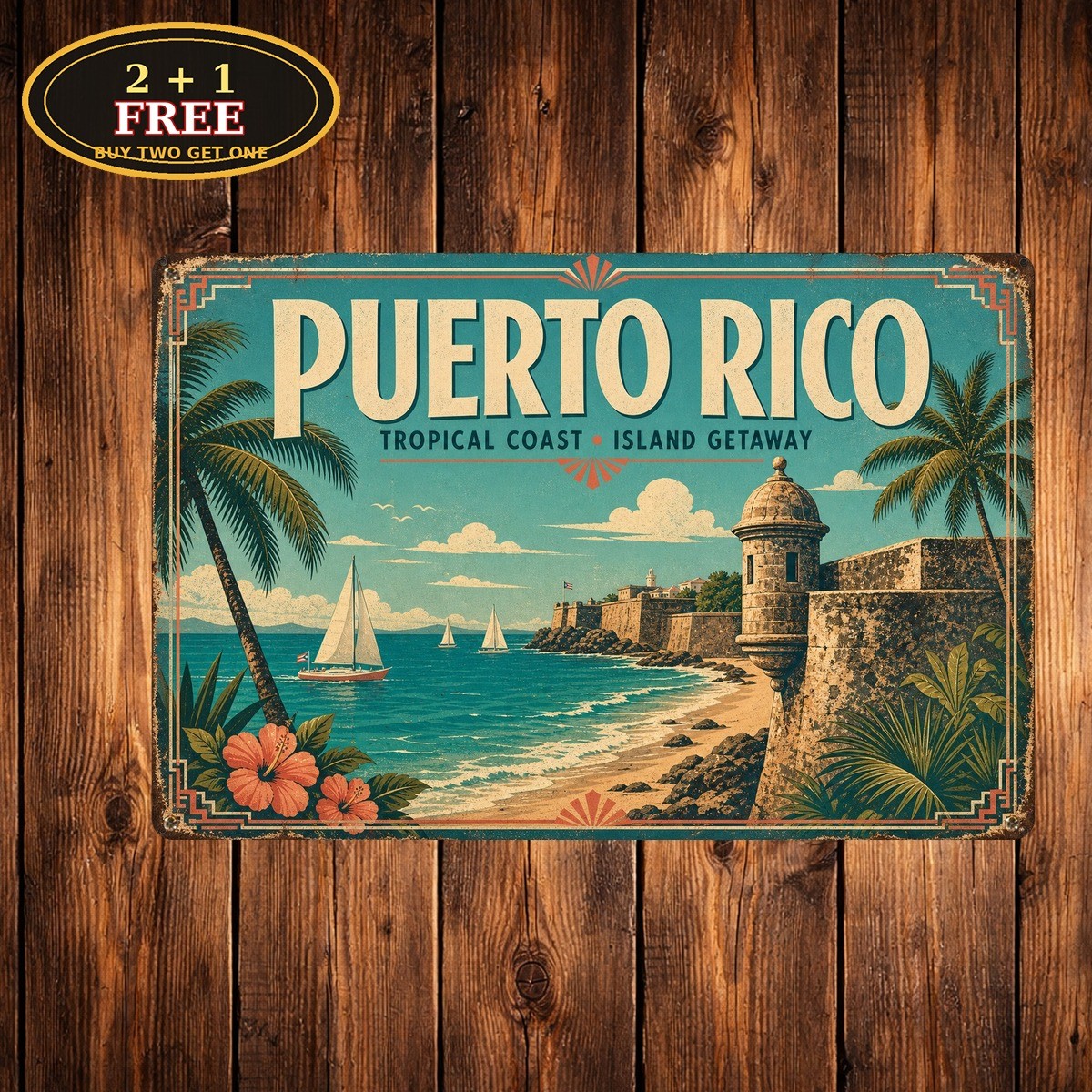 Puerto Rico Travel Souvenir Island Map Retro Metal Tin Sign Wall Decor