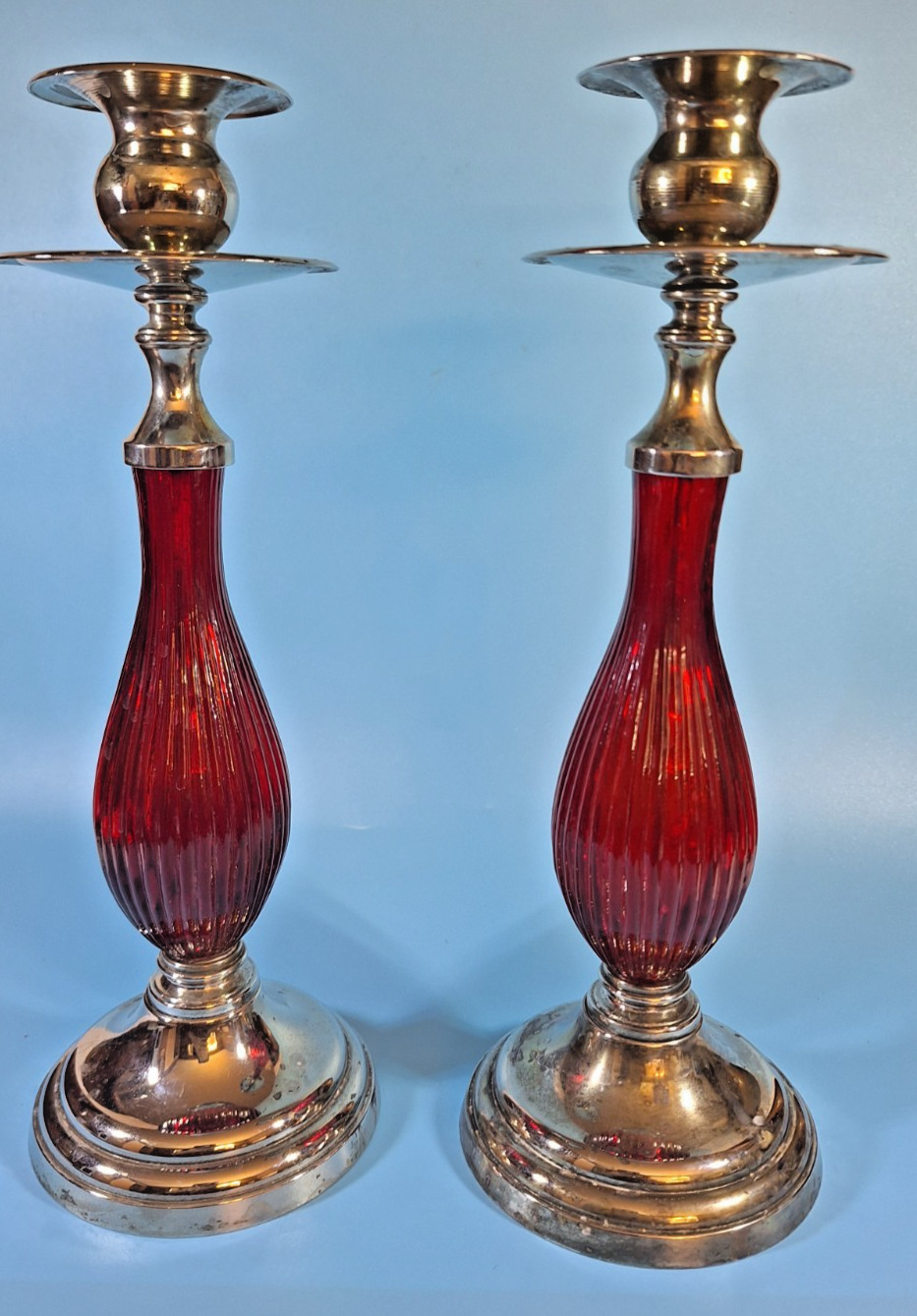 Cranberry Ruby Ribbed Glass and Silverplate Candlesticks 11″ Tall READ