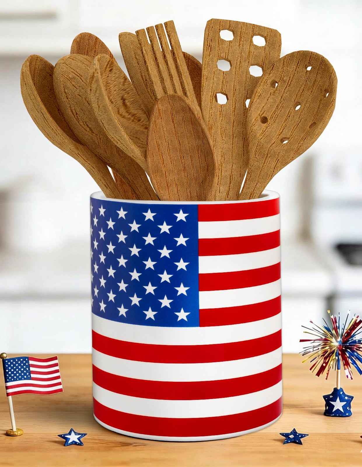 Whaline Patriotic Ceramic Utensil Holder 4th of July red, white, blue